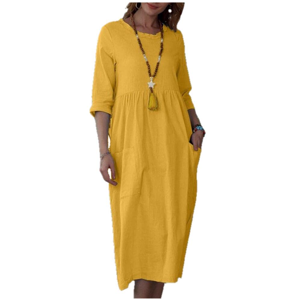 NP Women's Casual Waist Color O-Neck Long Sleeve Dress - Elegant Flowy Midi Dress for Work, Date Night & Special Occasions