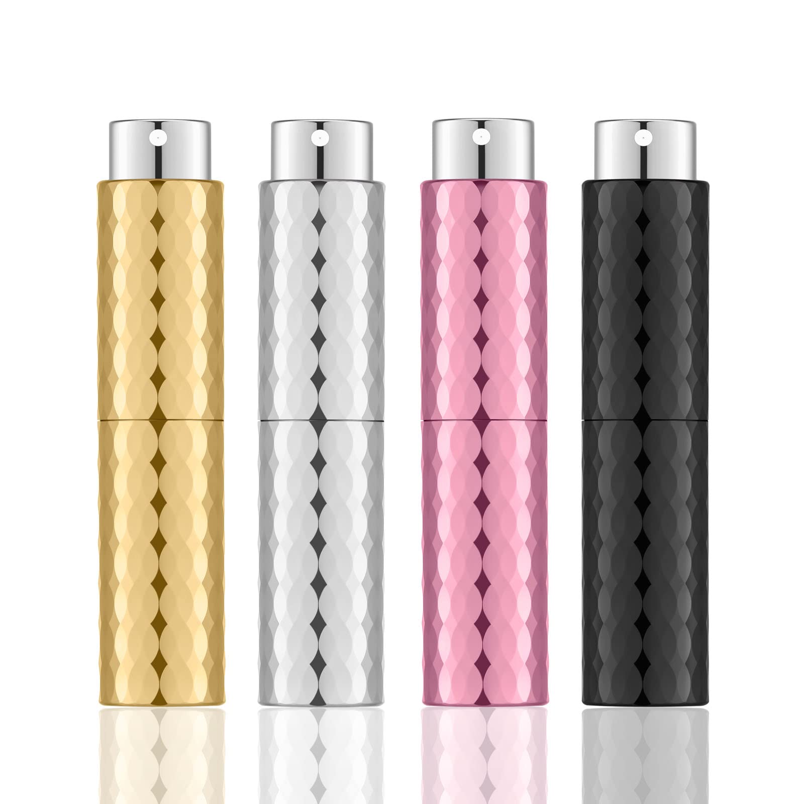 KOIBITO 4PCS/8ml Perfume Spray Bottle Set - Mini Empty Fine Mist Atomizer, Rotary Cologne Dispenser for Men & Women (Black/Gold/Silver/Pink) | Travel, Gym & Purse Essential