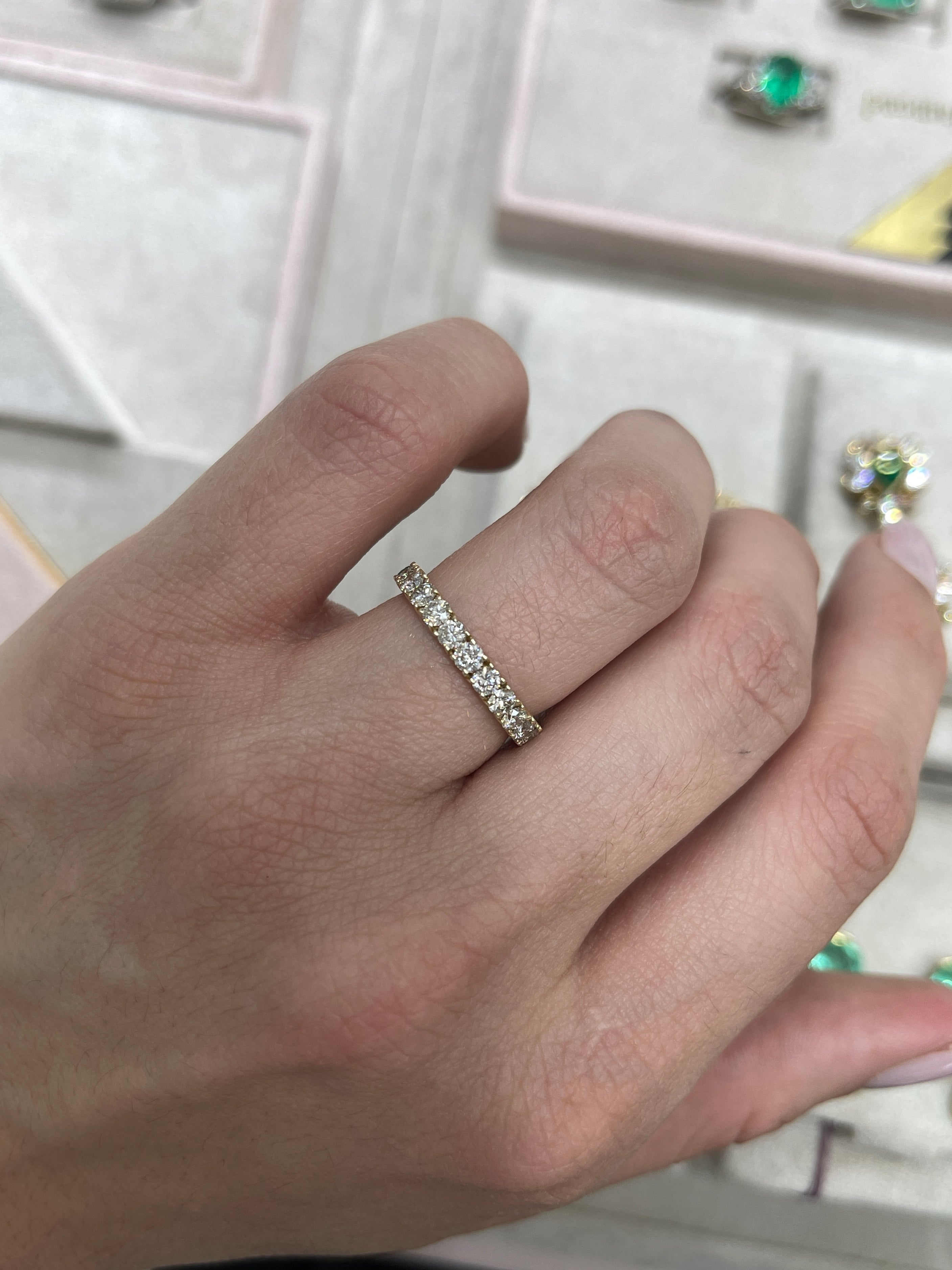 14K Gold Half Round Emerald & Diamond Eternity Band Ring - Size 7 | Wedding, Anniversary, Engagement Jewelry Gift for Women