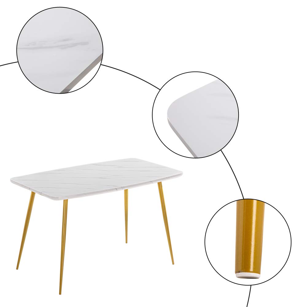 Modern White Gold Rectangular Dining Table with Golden Metal Legs - Elegant 4-6 Person Dinner Table, Simple Home Office Writing Desk Workstation (Table Only) - Perfect for Family Dining, Entertaining Guests & Home Office Workspace