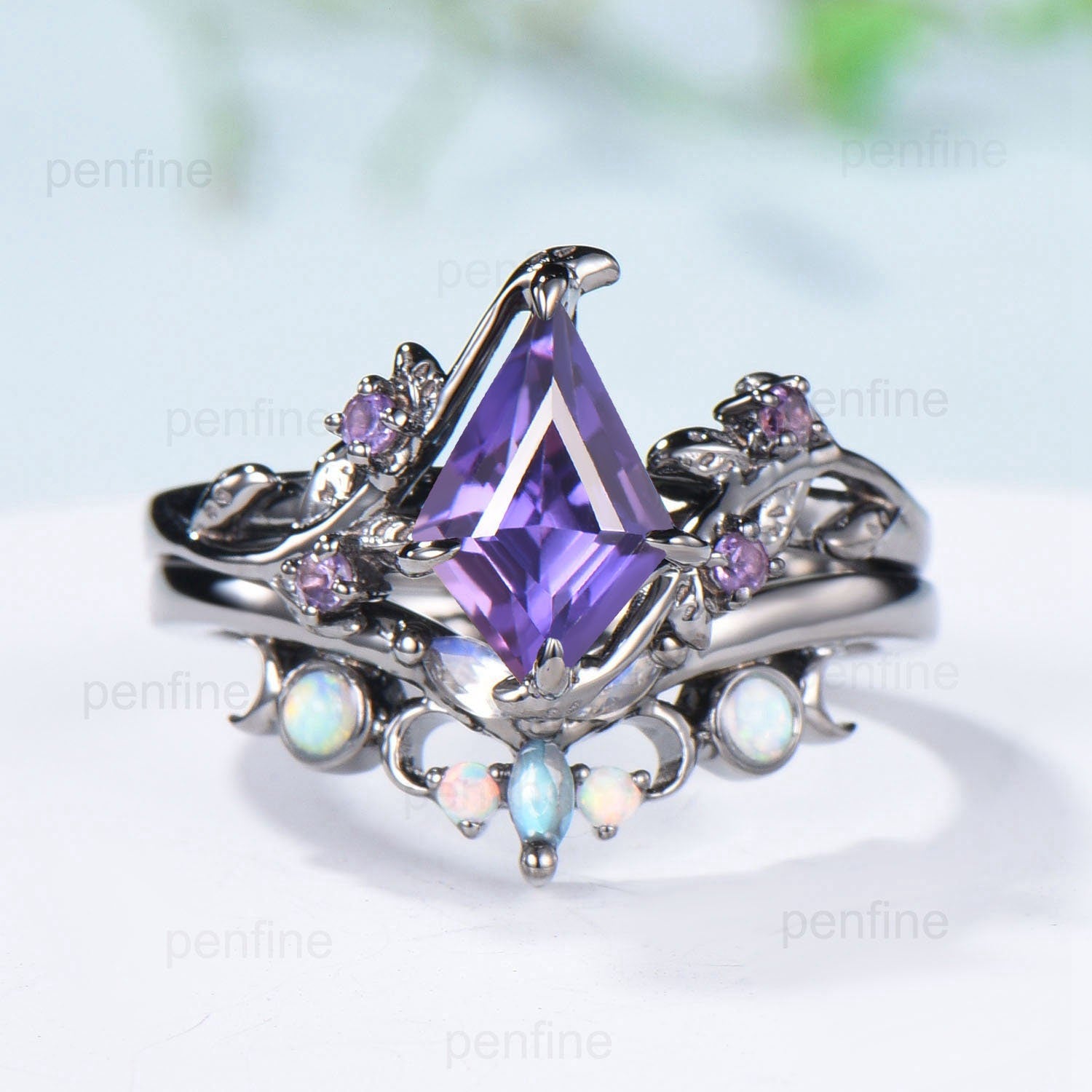 Vintage Nature Inspired Purple Sapphire & Amethyst Engagement Ring Set with Twig Vine Design - Marquise Moonstone Opal Stacking Wedding Rings for Women, Perfect for Boho Bridal Jewelry, Anniversary Gifts & Everyday Elegance