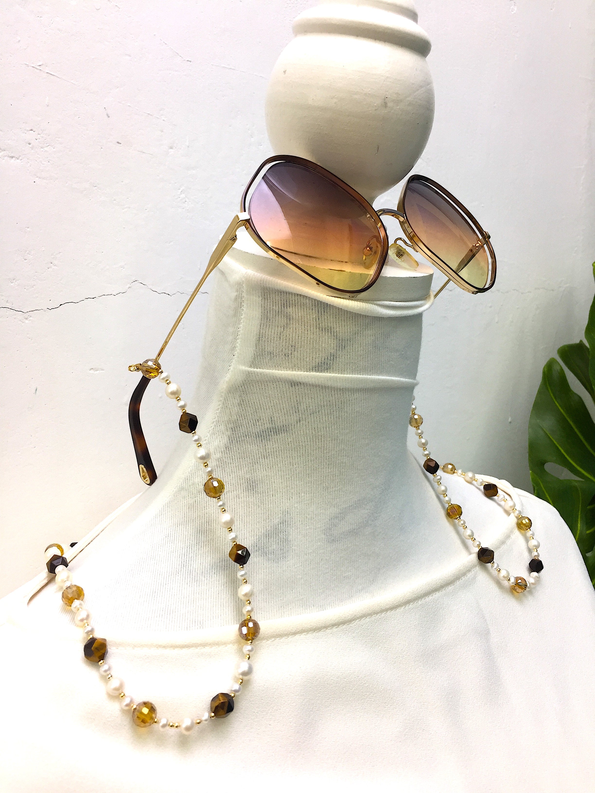 Removable Glasses Chain with Freshwater Pearls, Tiger Eye & Crystals - Stylish Eyewear Accessory for Reading, Fashion & Everyday Use | EC005
