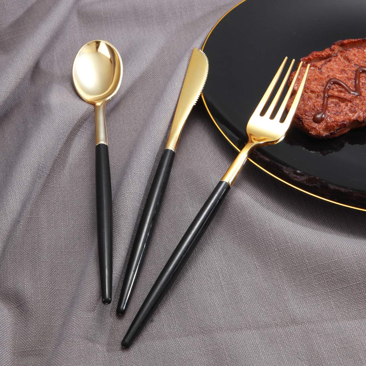 144-Piece Gold Plastic Silverware Set - Disposable Flatware with Black Handle (48 Forks, 48 Knives, 48 Spoons) - Elegant Cutlery for Parties, Weddings, Dinner Events & Home Gatherings