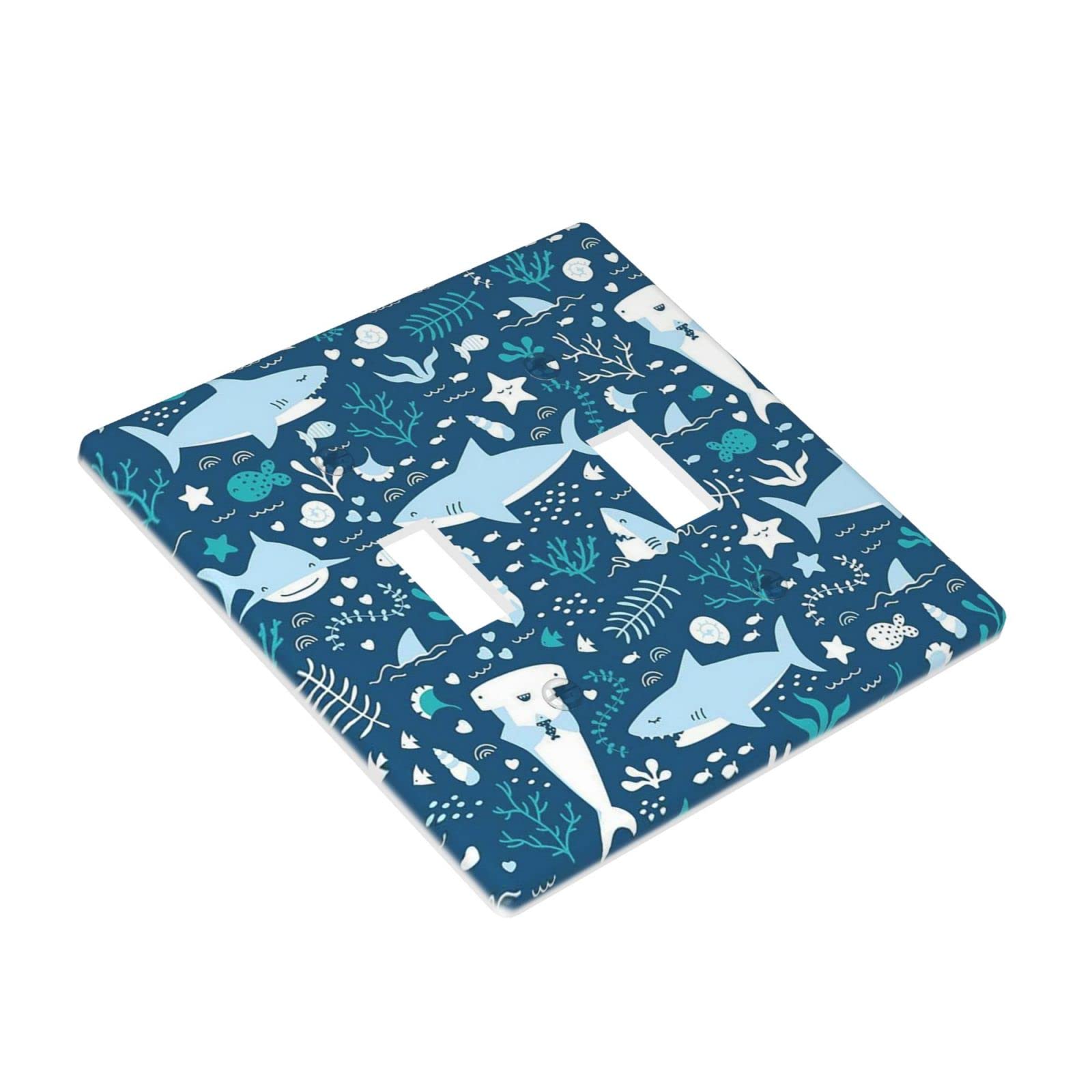 Blue Sharks Underwater Sealife Double Toggle Light Switch Cover - Decorative 2 Gang Wall Plate for Kitchen, Bathroom, Bedroom - 4.5 x 4.5 Inch - Perfect for Beach House Decor & Ocean Theme Rooms