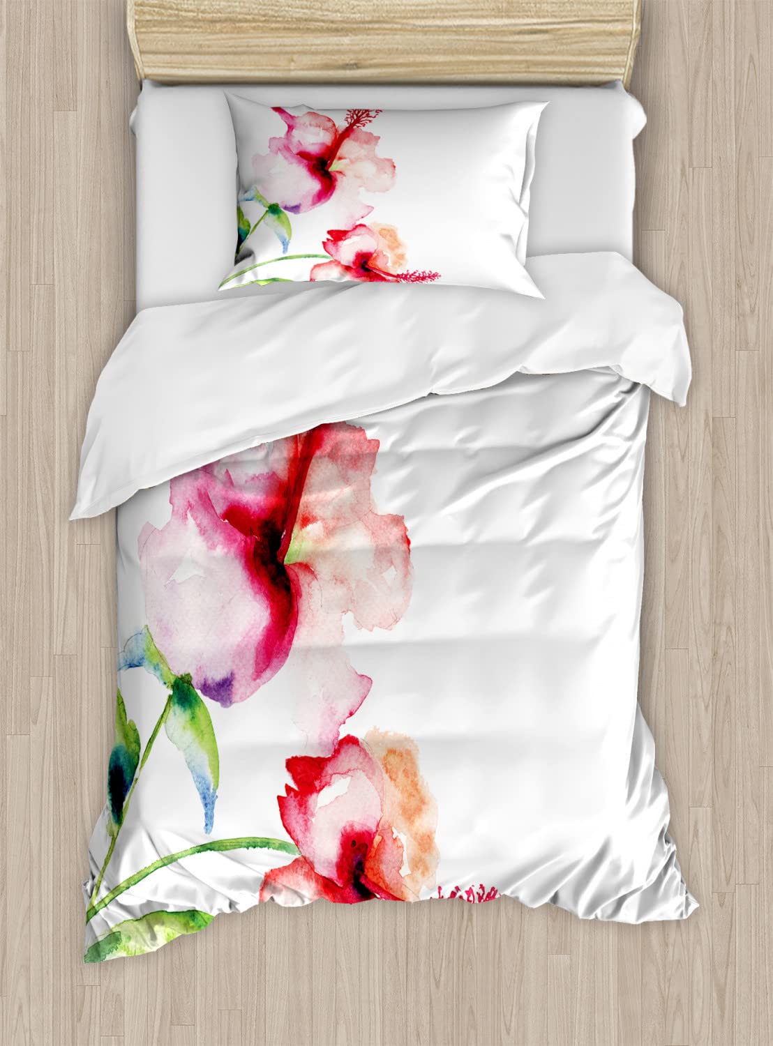 Ambesonne Watercolor Hibiscus Flower Duvet Cover Set - Pastel Nature Theme Bedding with 2 Duvet Covers & 4 Pillowcases, Queen Size 2-Pack in Red & White - Perfect for Boho Chic Bedroom Decor and Guest Room Makeover