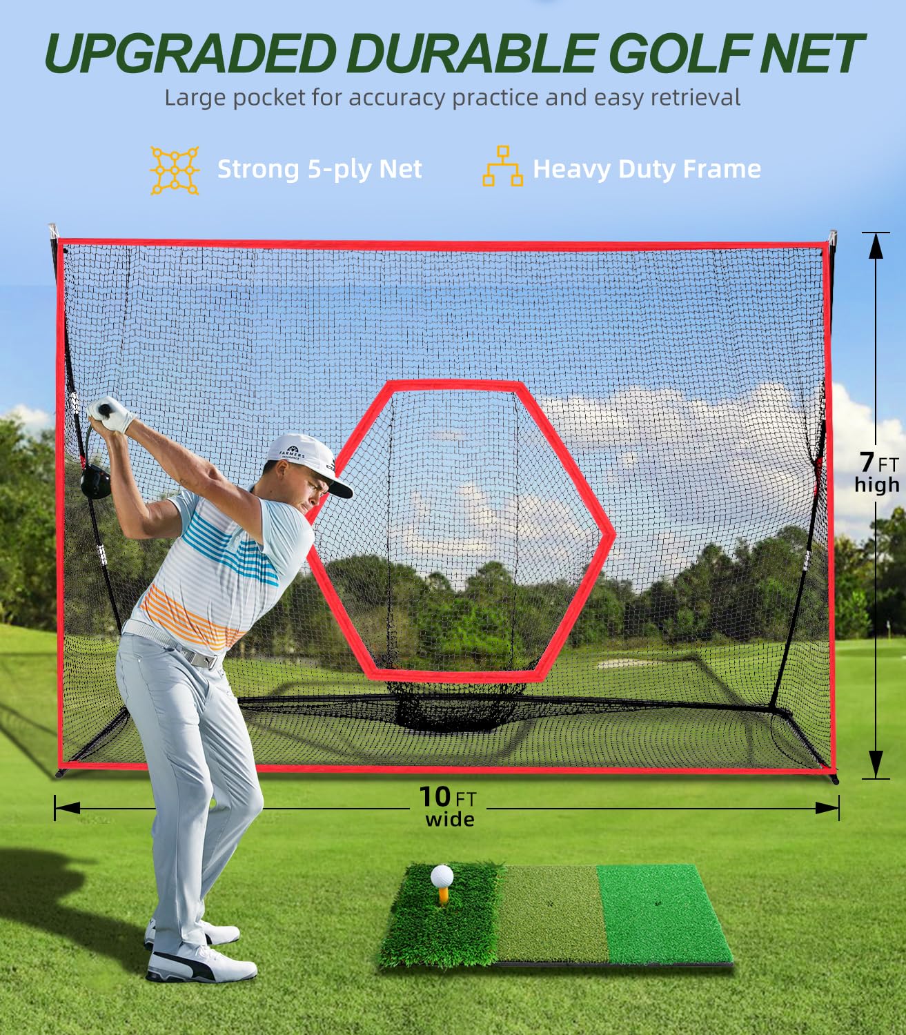 BAGAIL 10x7ft Heavy Duty Golf Practice Net with Tri-Turf Mat & Carry Bag - Portable Golf Training Aid for Driving, Chipping & Hitting - Perfect for Backyard, Outdoor & Indoor Use (G9 Max)