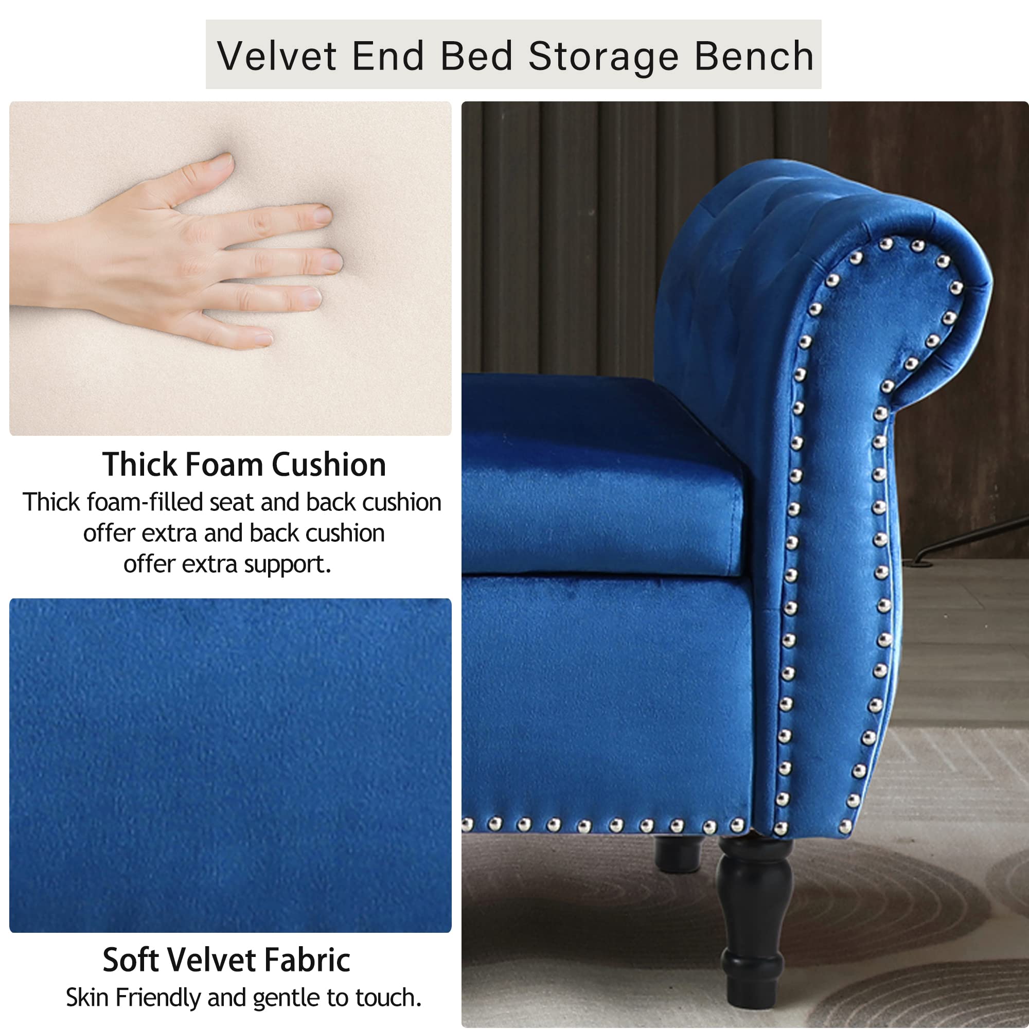 Homtique Velvet Storage Ottoman Bench with Nailhead Trim - Large Upholstered Footrest Seat with Hidden Storage for Living Room, Bedroom, Entryway (Blue) | Perfect for Extra Seating, Shoe Storage & Home Decor