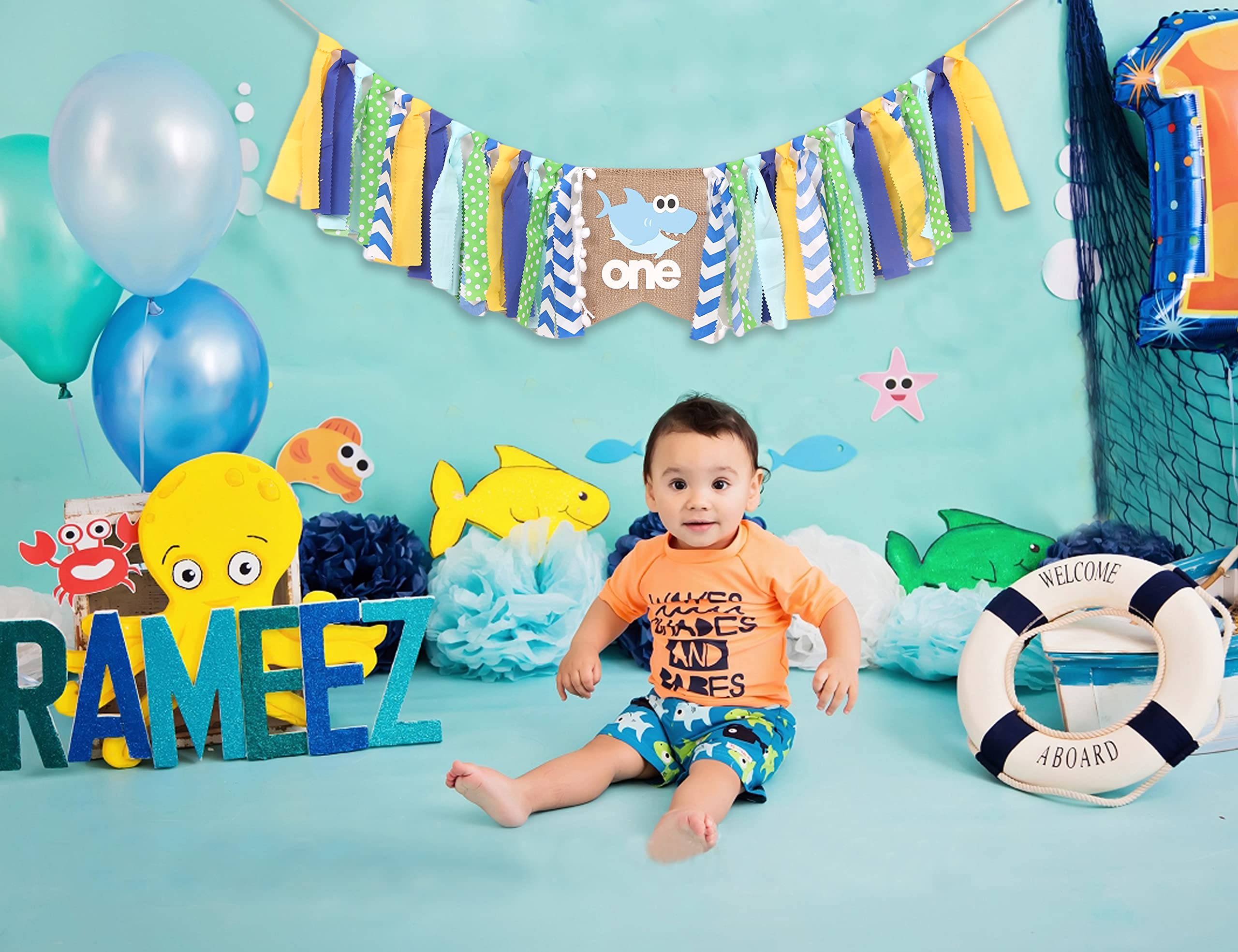 Shark Highchair Banner for 1st Birthday Party - Baby Shark Birthday Decorations, Under the Sea Theme Party Supplies, 1st Birthday Cake Smash Photo Props for Boys & Girls - Perfect for Ocean Themed Birthday Parties, Baby Showers and Photo Backdrops