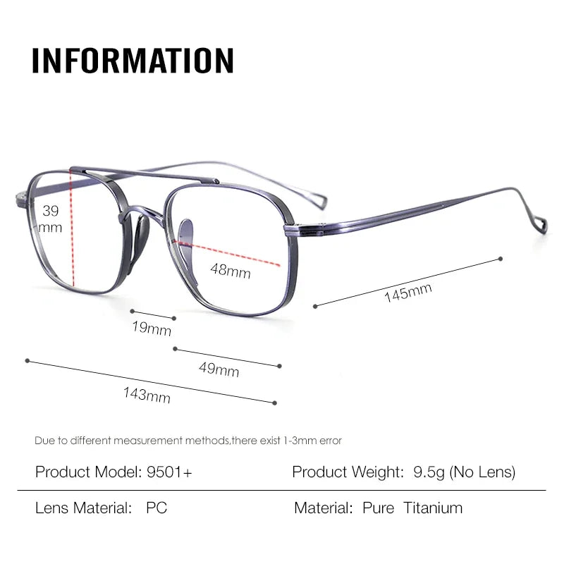 Aror Unisex Full Rim Square Double Bridge Titanium Eyeglasses Frame 49501 - Lightweight Durable Glasses for Work, Reading & Fashion