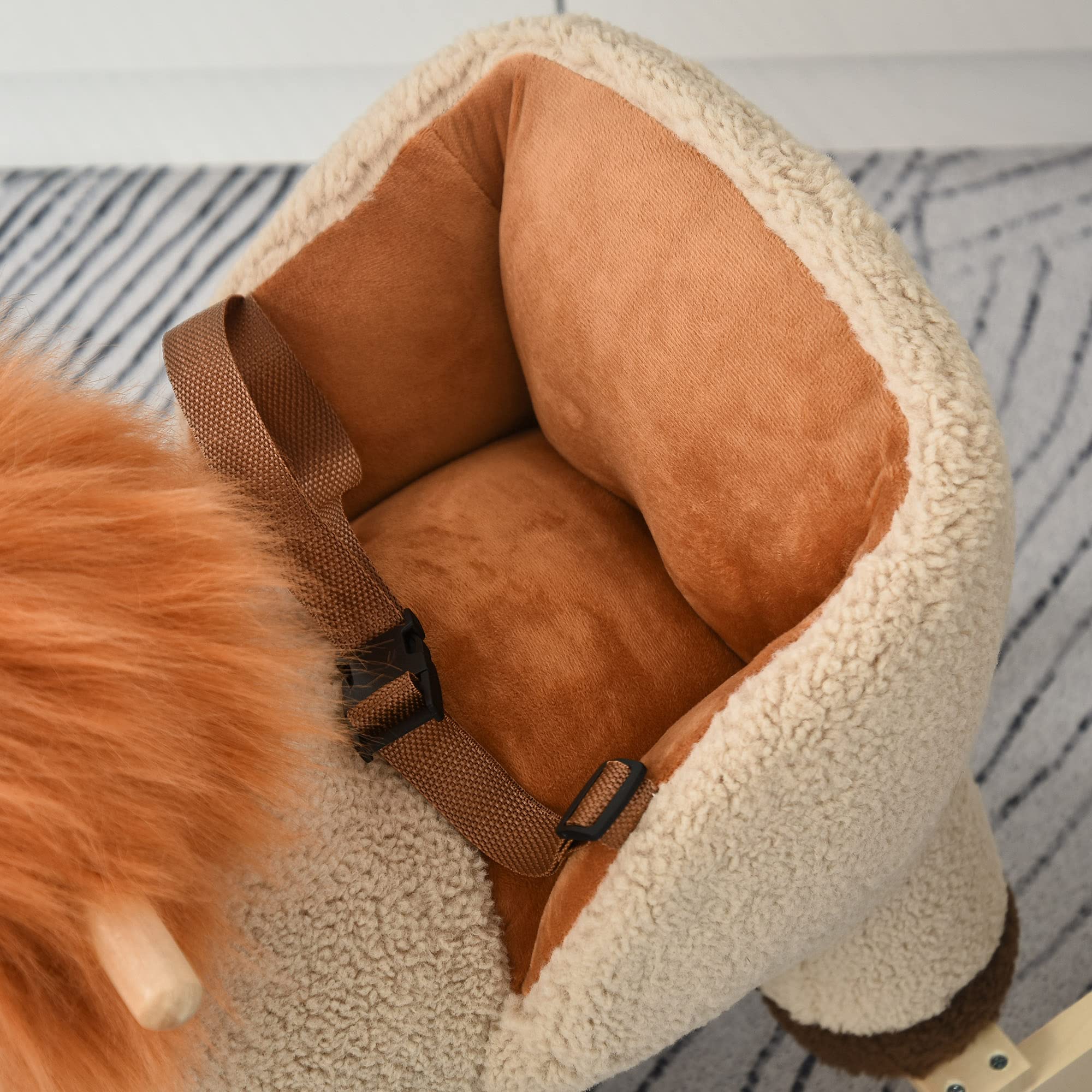 Qaba Baby Rocking Horse Lion with Sound - Plush Stuffed Animal Rocker with Wooden Base & Safety Seat Belt - Best Gift for Toddlers 18-36 Months (Brown) - Perfect for Nursery Decor, Birthday Presents & Early Childhood Development