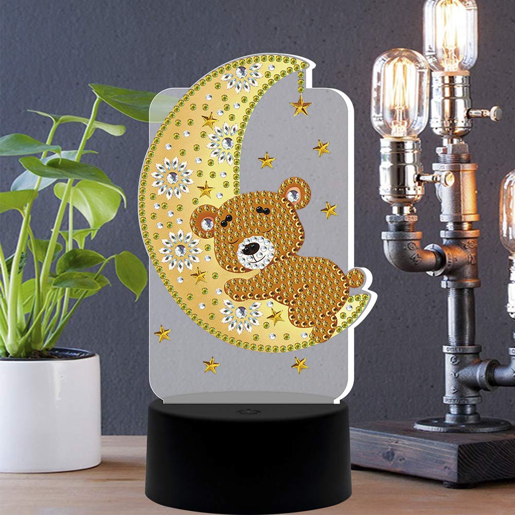 DIY Diamond Painting LED Light Moon Bear Embroidery Night Lamp - Home Decor Gift for Kids & Adults - Perfect for Bedroom, Nursery, Living Room Night Light & Wall Art Decoration