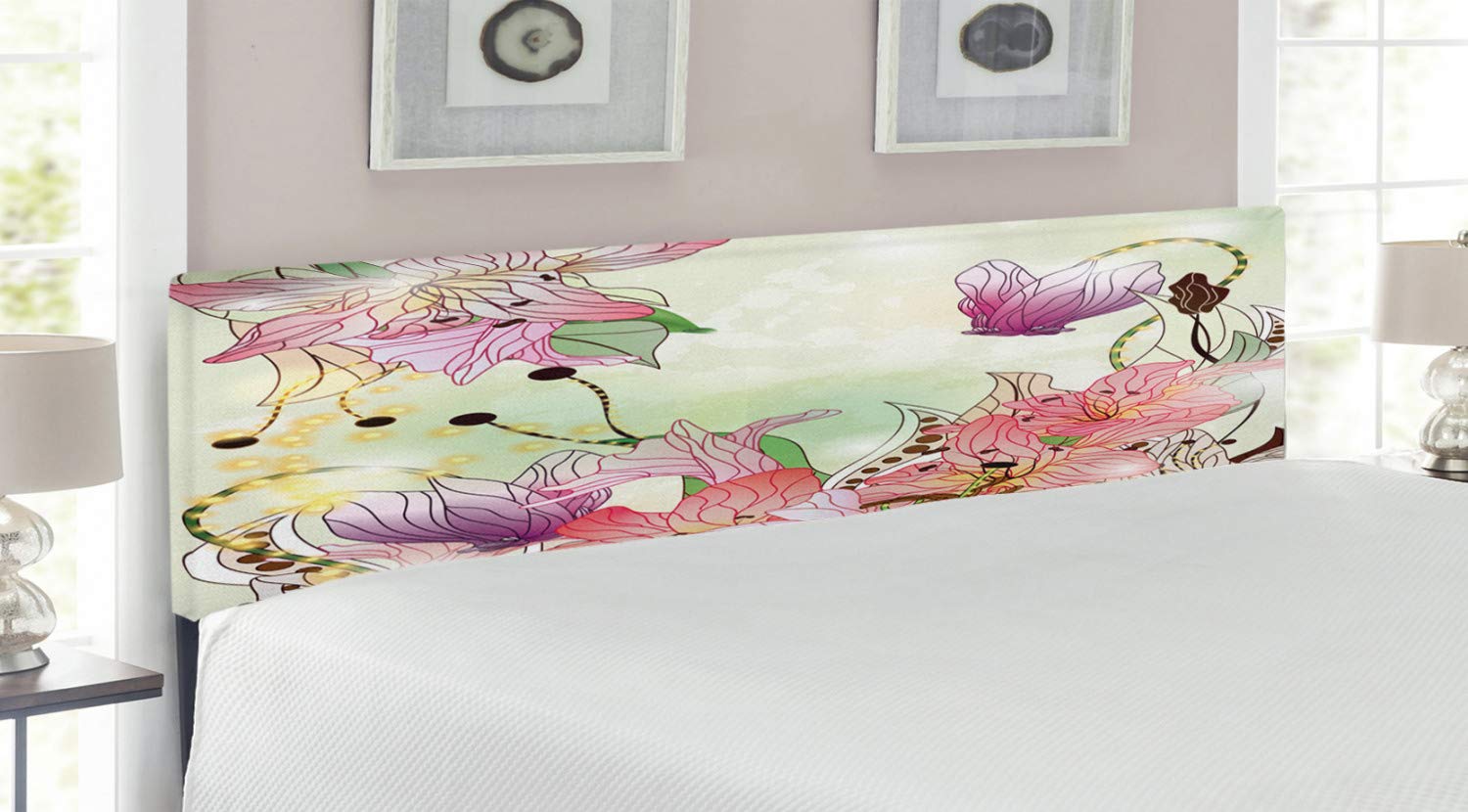 Ambesonne Floral Headboard - Watercolor Abstract Romantic Nature Themed Flowers, Buds & Leaves Art - Upholstered Decorative Metal Bed Headboard with Memory Foam - King Size - Pale Pink & Purple - Perfect for Master Bedroom, Guest Room & Bohemian Style Decor
