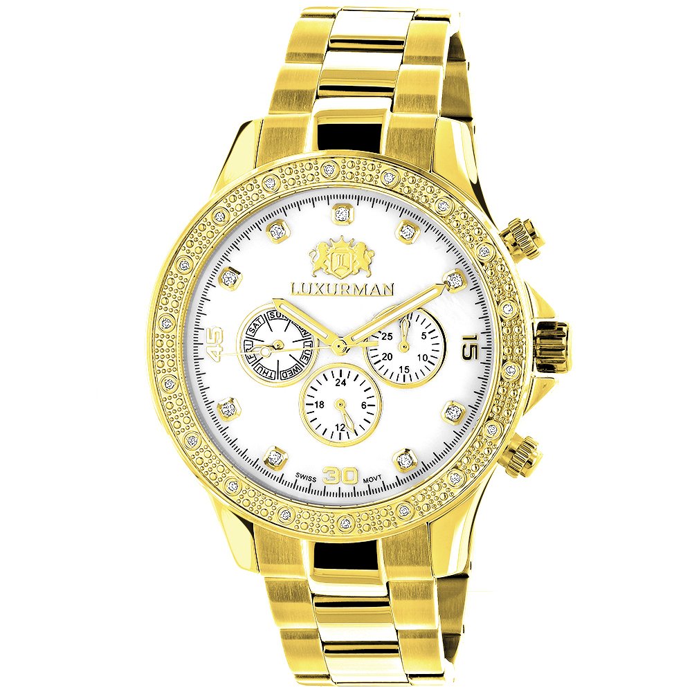 LUXURMAN 0.2ct Diamond Men's Watch - Yellow Gold Plated with White Mother of Pearl Dial - Luxury Dress Watch for Business, Wedding & Formal Occasions
