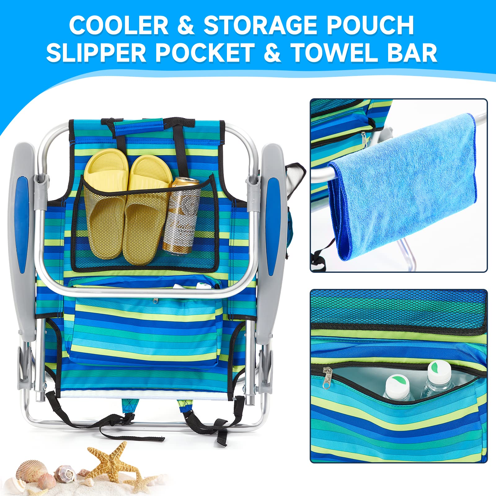 2 Pack Lightweight Portable Camping & Beach Chairs for Adults - Adjustable 4-Position Lay Flat Folding Chair with Backpack Straps, Towel Bar, Cooler Pouch & Cup Holder - Perfect for Outdoor, Picnic, Travel & Ocean Striped Design