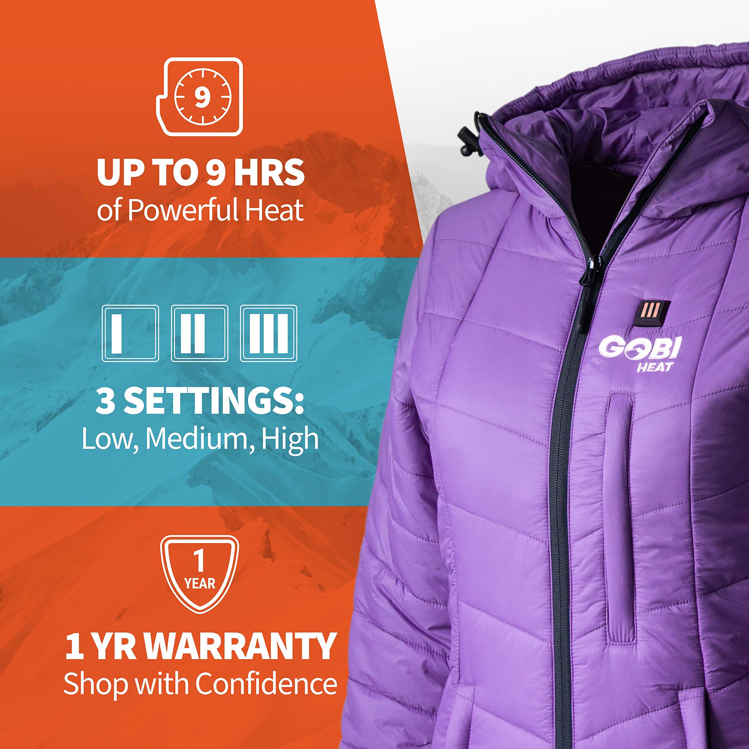 Victoria Women’s Long Puffer Heated Jacket with Battery & Charger - 9 Hours Heating, 5 Adjustable Heat Zones, Machine Washable, All-Day Warmth - XL Plum for Winter Outdoor Activities, Skiing, Hiking & Cold Weather Commute