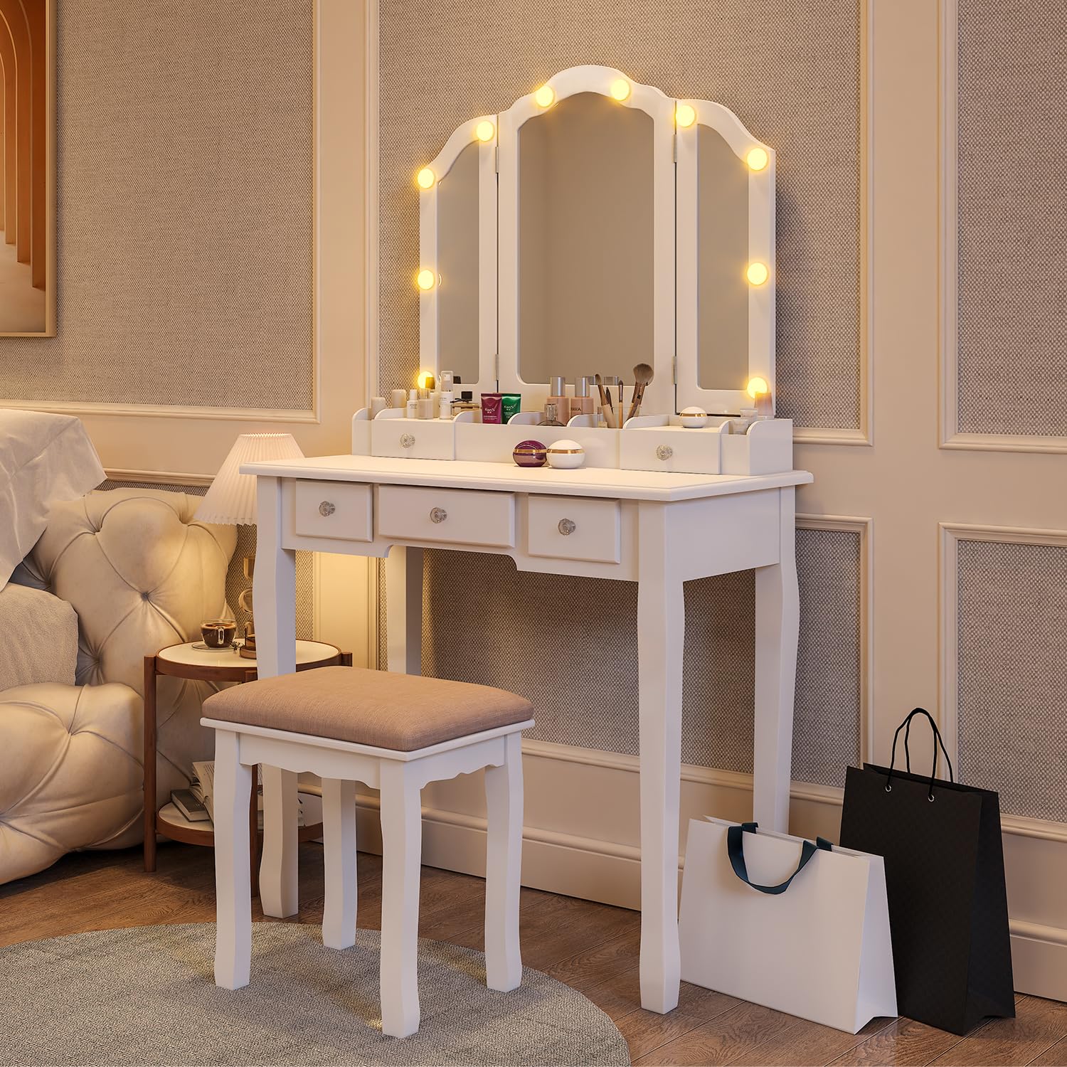 Lighted Makeup Vanity Desk with Mirror, Drawers & Stool - Hollywood Style Dressing Table with LED Lights for Bedroom, Beauty Salon & Home Decor