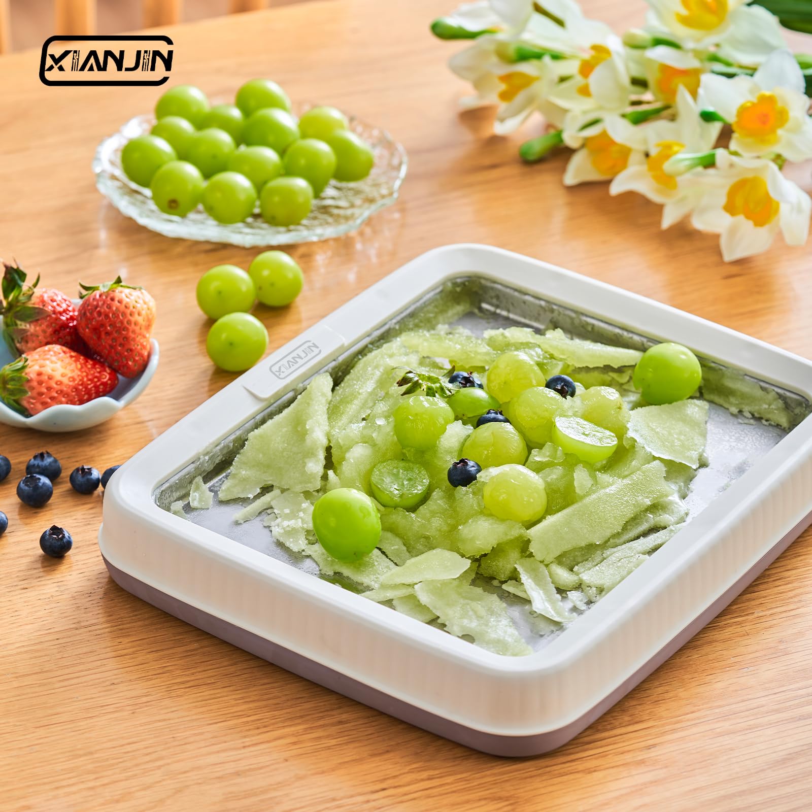 XIANJIN Instant Ice Cream Maker Machine - Homemade Frozen Yogurt & Gelato Maker for Kids & Adults - Large Green Ice Cream Pan - Perfect for Parties, Desserts & Family Fun