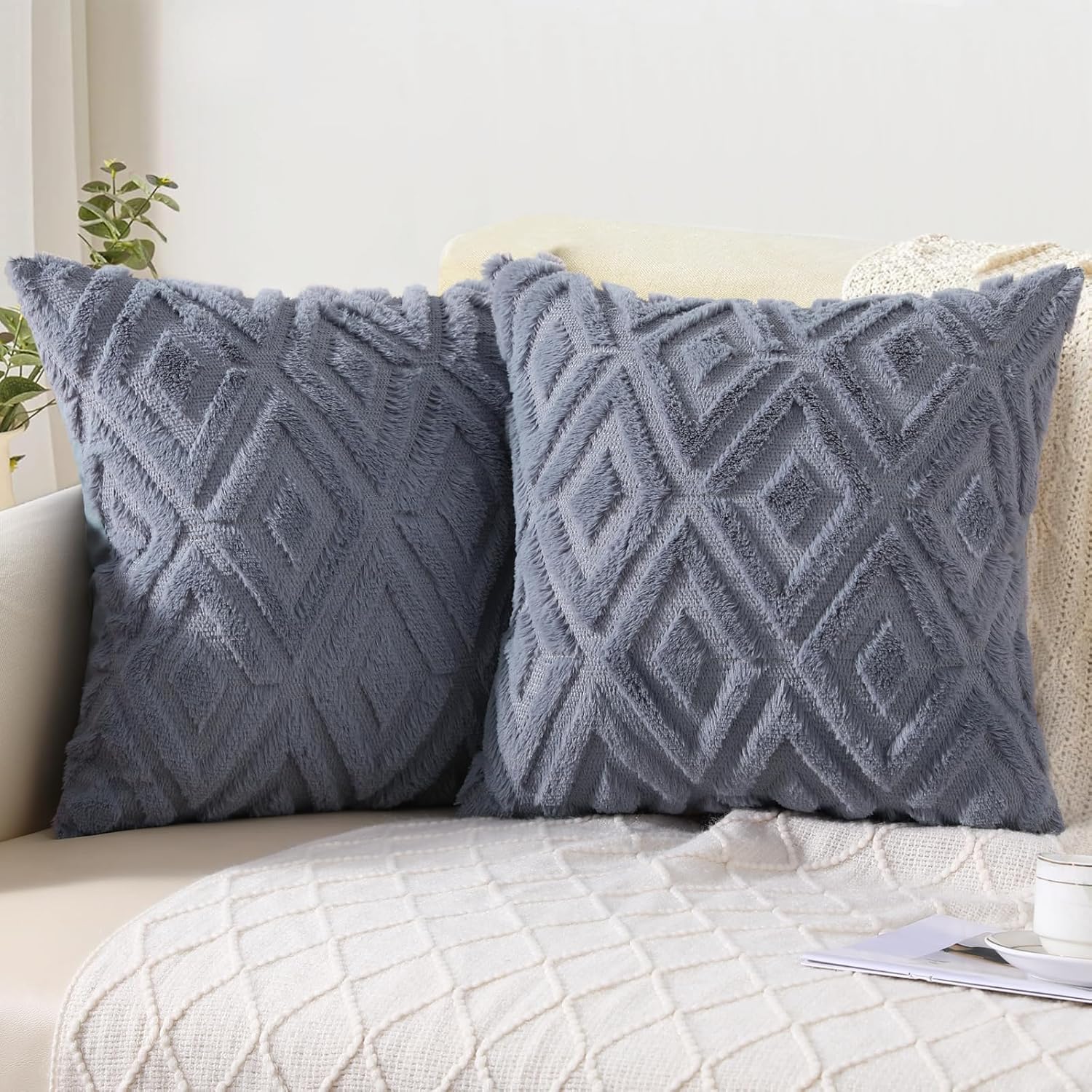 Pallene Soft Faux Fur Throw Pillow Covers 26x26 Set of 2 - Plush Wool Decorative Couch Pillow Covers for Sofa, Bed, Living Room - 3D Diamond Pattern Blue Grey - Perfect for Home Decor, Cozy Winter Nights & Modern Interior Design