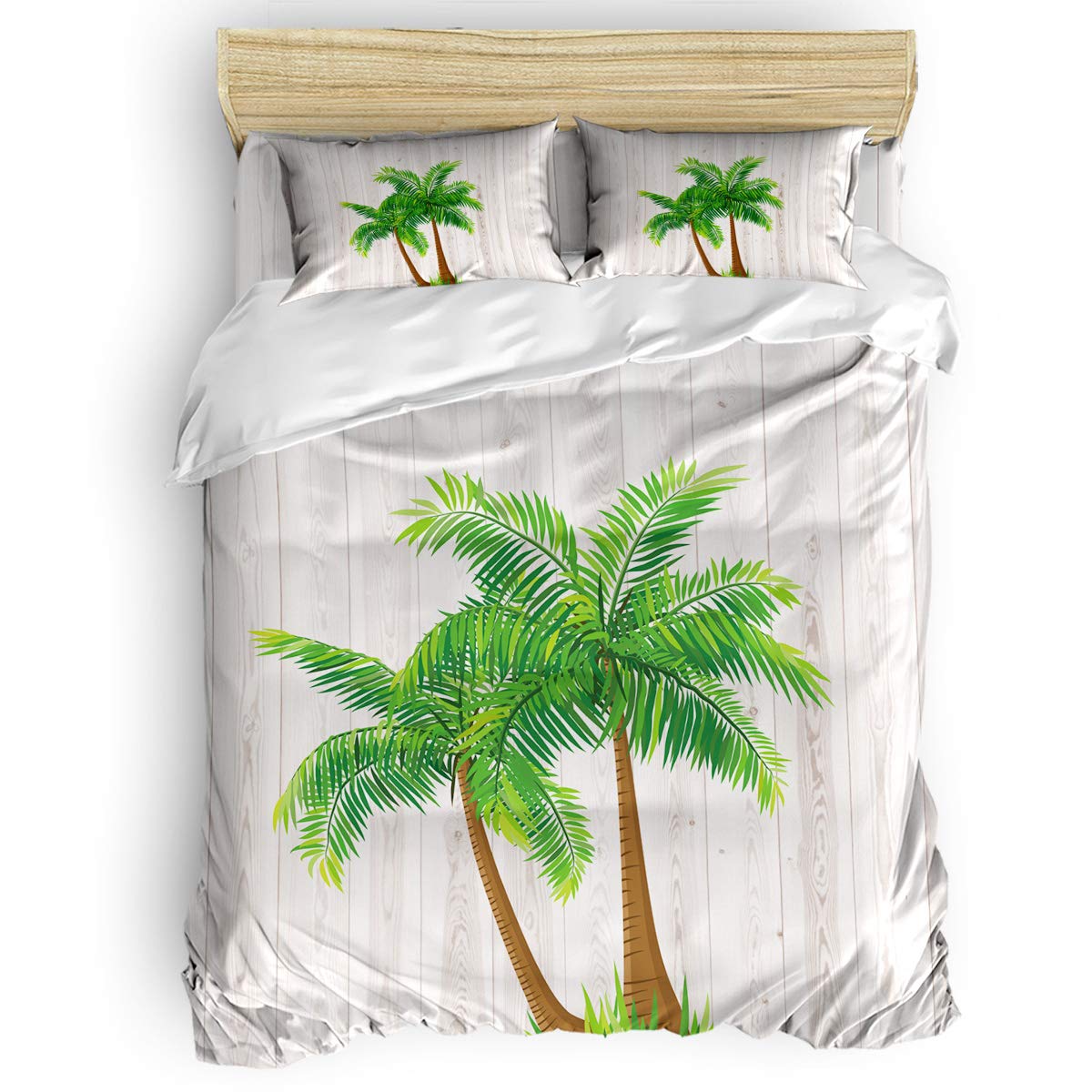 Yogaly 4-Piece King Size Bedding Set - Breathable Summer Palm Leaves Wooden Printed Bed Sheets, Duvet Cover, Flat Sheet & Pillowcases for Adults, Teens, Kids & Baby | Perfect for Hot Weather & Tropical Bedroom Decor