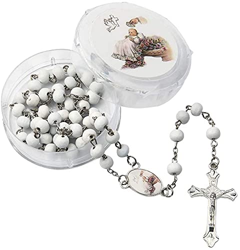 12Pcs White Scented Wood Rosary Baptism Favors - Angel Baby Gifts for First Communion & Baby Shower