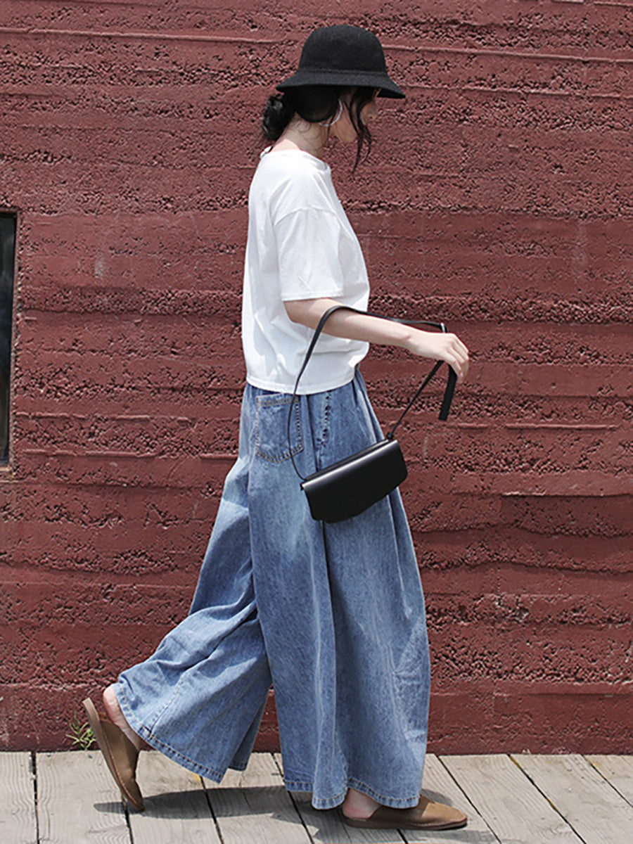 Plus Size Casual Drawstring Blue Denim Wide Leg Pants Jeans for Women - Comfortable Stretch High Waist Trousers for Everyday Wear, Work & Travel