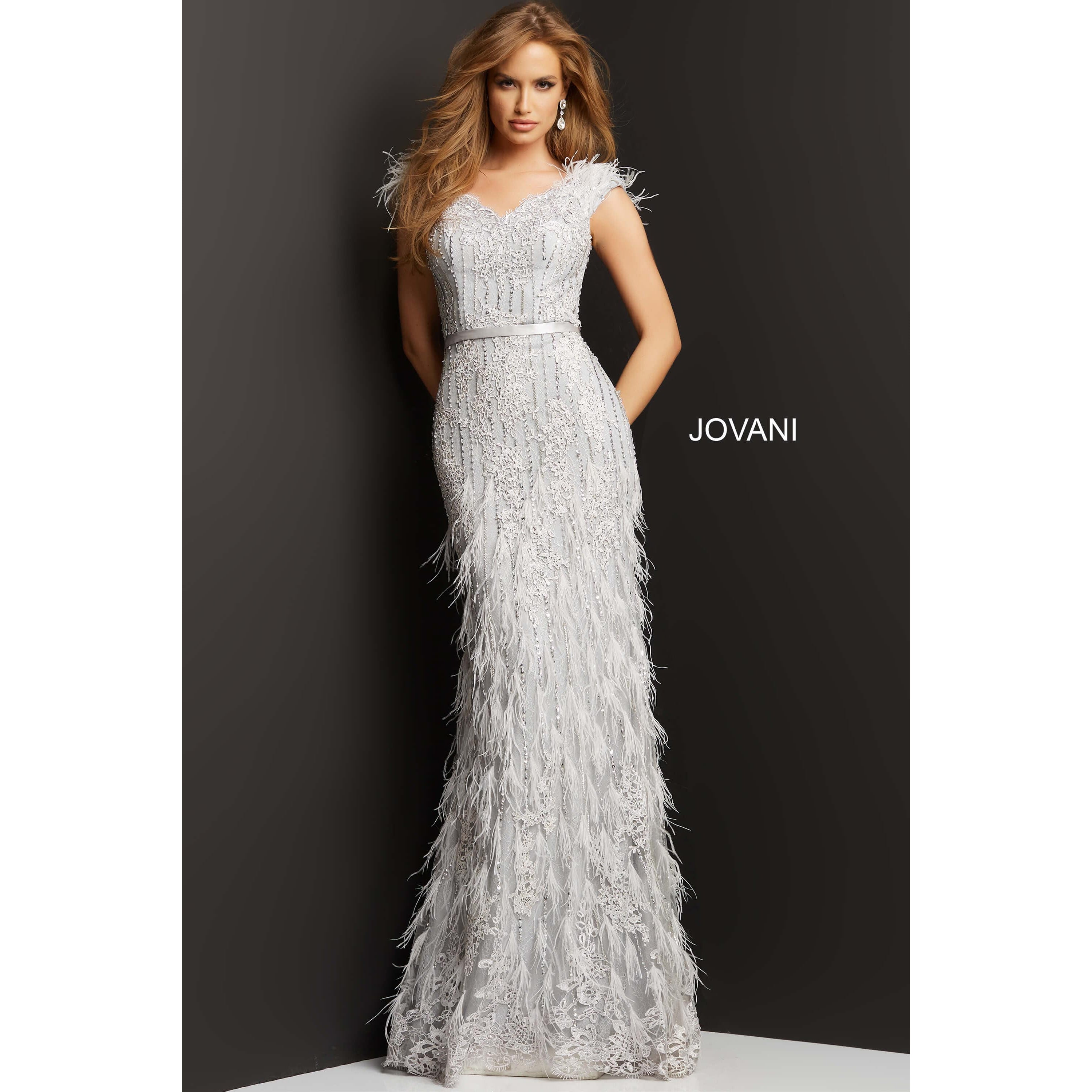 Jovani 03108 Silver Feather Embellished Evening Dress - Elegant Formal Gown for Prom, Wedding & Black Tie Events