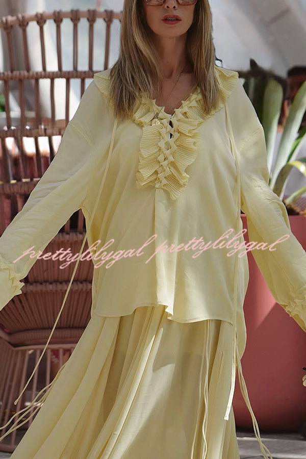 Elegant Solid Color Pleated Ruffled Tie Long Sleeve Loose Blouse for Women | Casual Office Wear & Spring Outfits