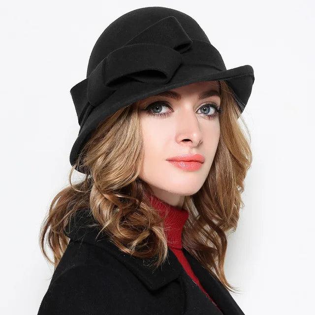 Women's Wool Felt Winter Hat with Asymmetric Bowknot - Elegant Formal Headwear for Cold Weather - Perfect for Office, Parties, and Holiday Outfits