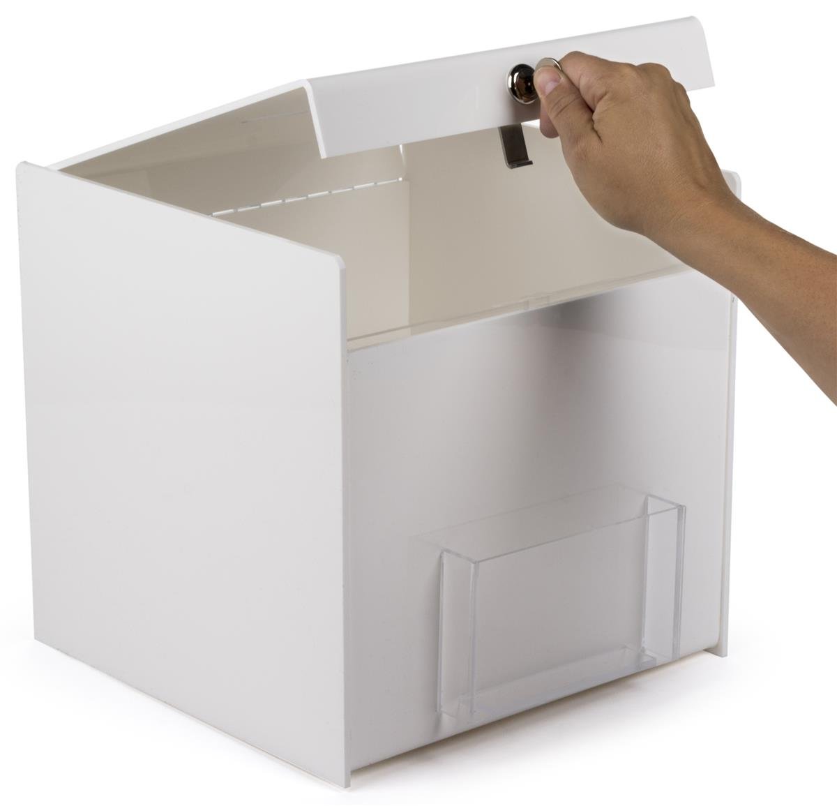 Displays2go 12-Inch Acrylic Cube Ballot Box with Key Lock & Front Brochure Pocket - Secure Voting, Donation Collection, Event Fundraising (White, BBWT) - Perfect for Elections, Charity Events, and School Activities