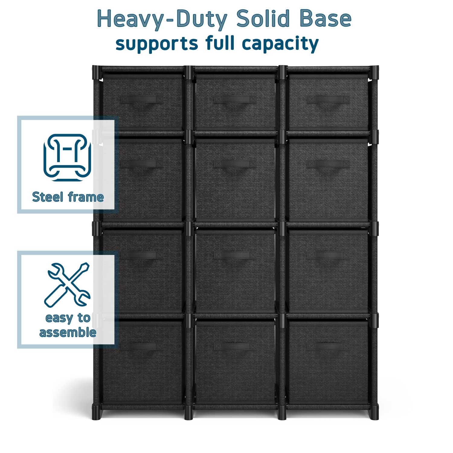 12-Cube Storage Organizer - Black Modular Shelving Unit with Fabric Bins | DIY Closet, Bedroom, Playroom & Office Organization | Space-Saving Storage Solution for Home, Dorm & Kids' Rooms