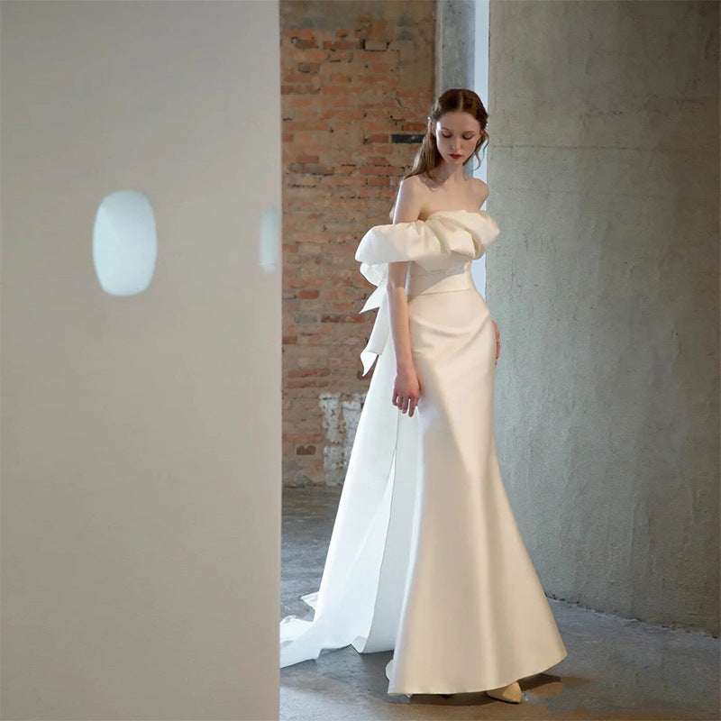 Elegant White Satin Mermaid Off-Shoulder Wedding Dress - Long Prom Gown for Brides & Formal Events | Perfect for Beach Weddings, Evening Galas & Special Occasions