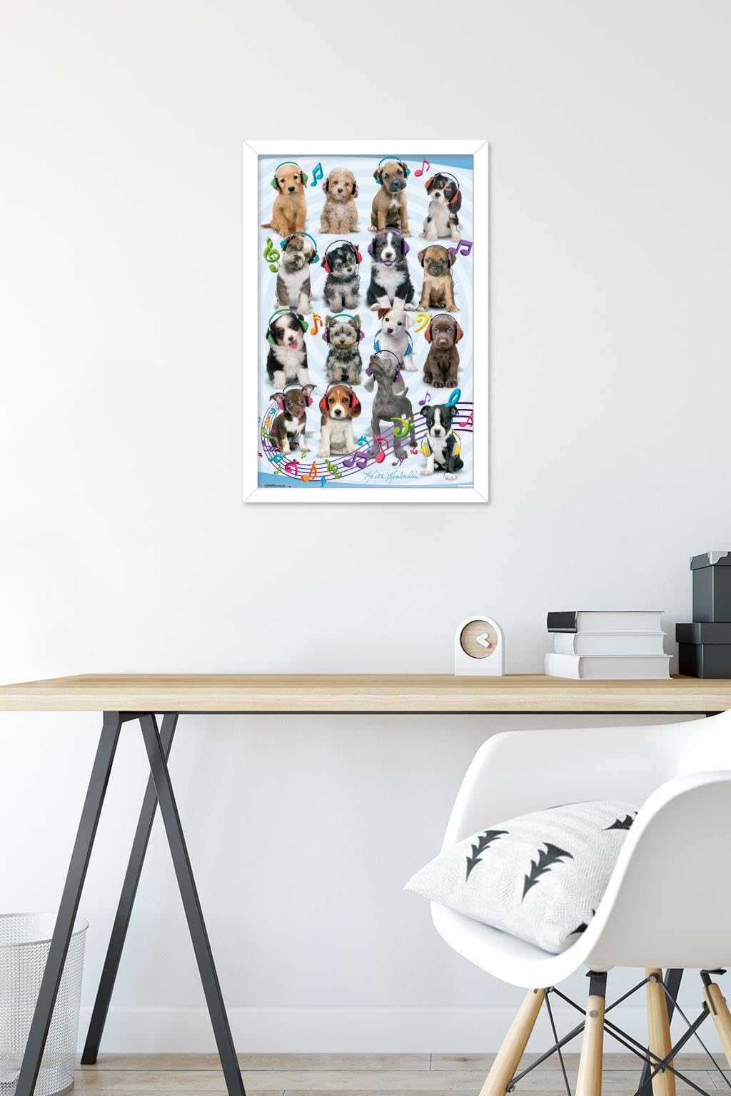 Trends International Keith Kimberlin Puppies Headphones Wall Poster - 14.725 x 22.375 Inches, White Framed Art Print - Perfect for Bedroom, Living Room & Office Decor