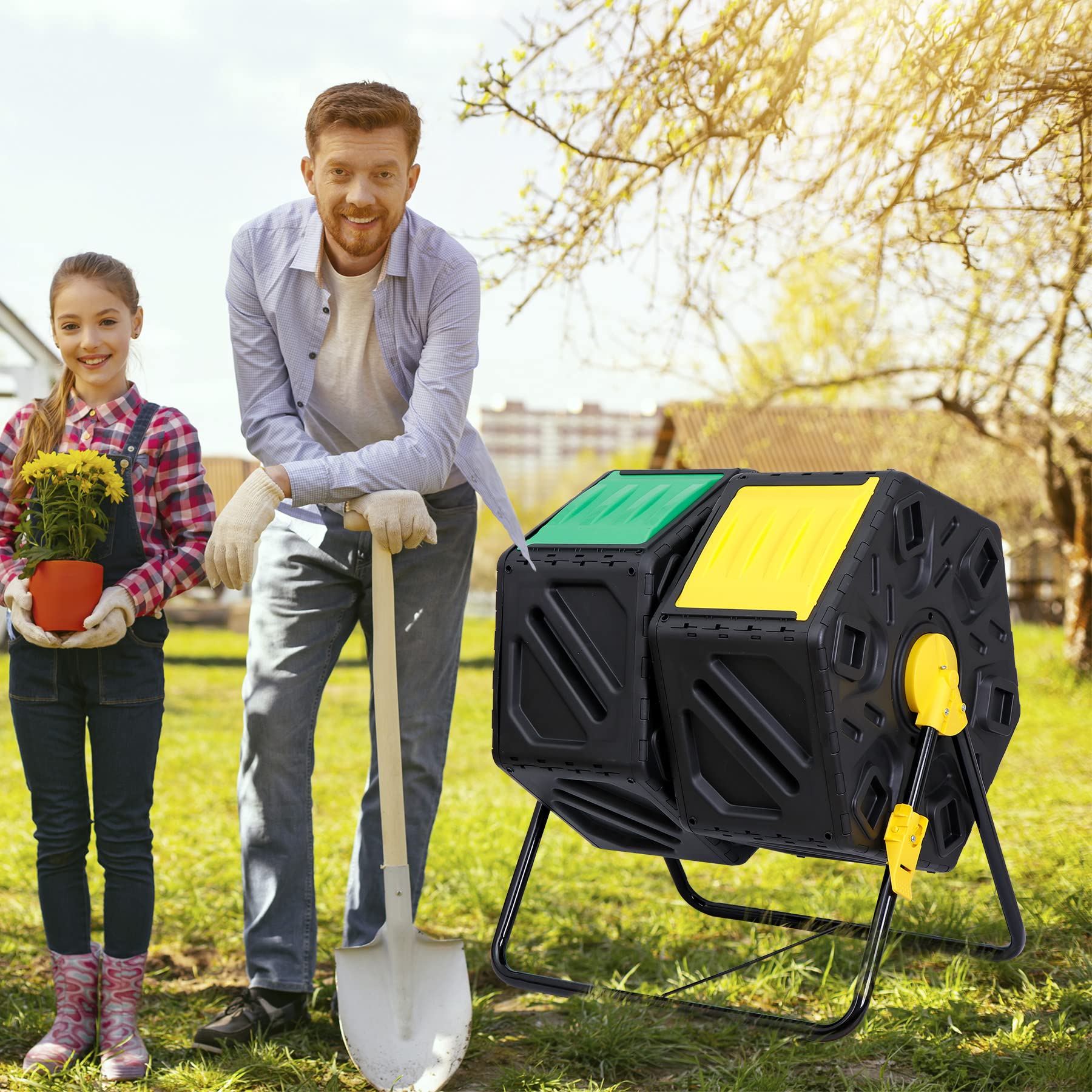 HomGarden 37 Gallon Dual Chamber Compost Tumbler - High Capacity Outdoor Composter with 2 Sliding Doors for Efficient Garden Waste Recycling | Perfect for Backyard, Organic Gardening & Sustainable Living