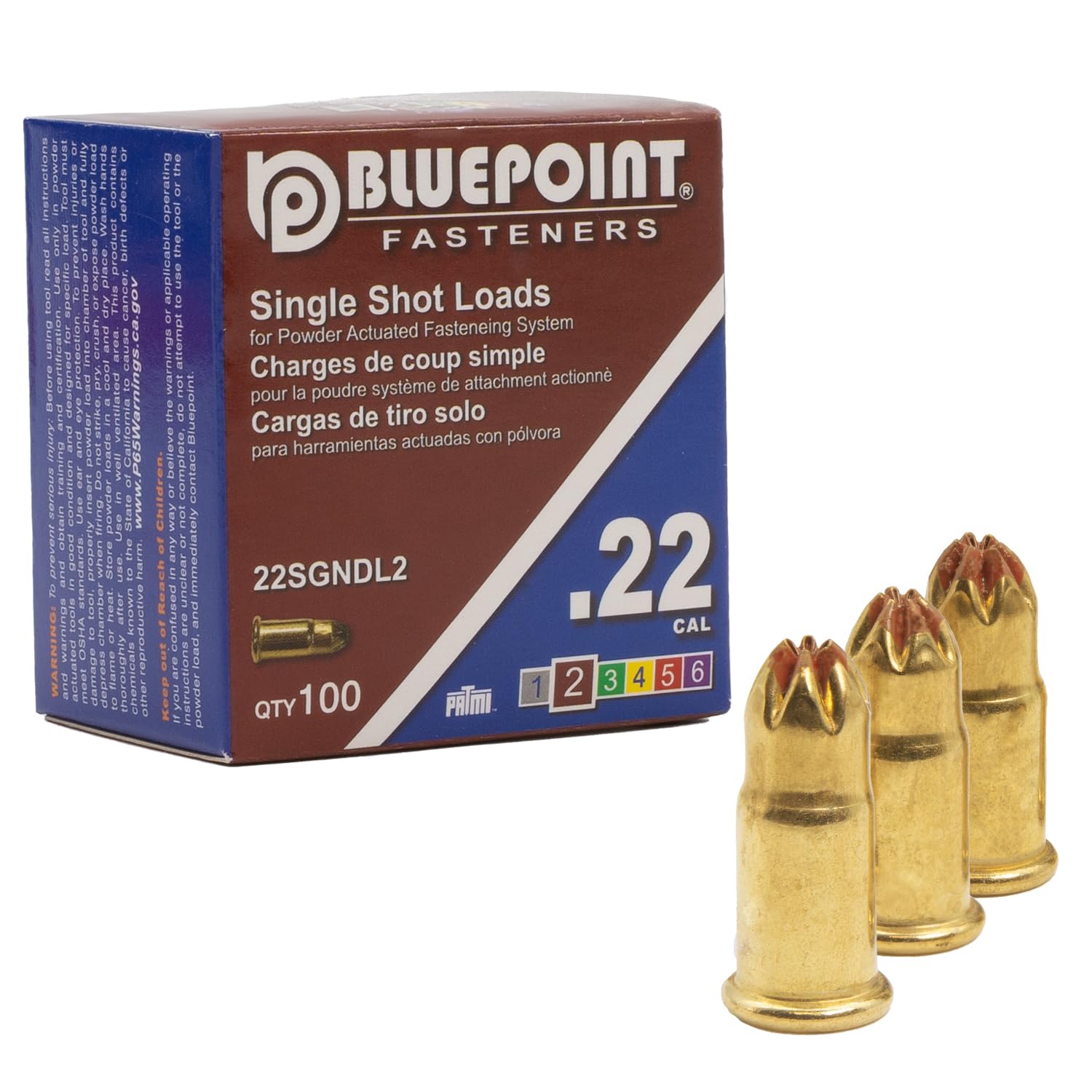 BLUEPOINT .22 Cal Brown Neck Down Single Shot Powder Load (100 Count) for Powder Actuated Fastening System | Ideal for Construction, Concrete Fastening & Steel Framing Projects