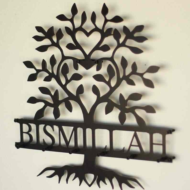 Bismillah Key Holder - Islamic Wall Decor with Tree Shape Design - Perfect for Home, Office & Mosque Decorations