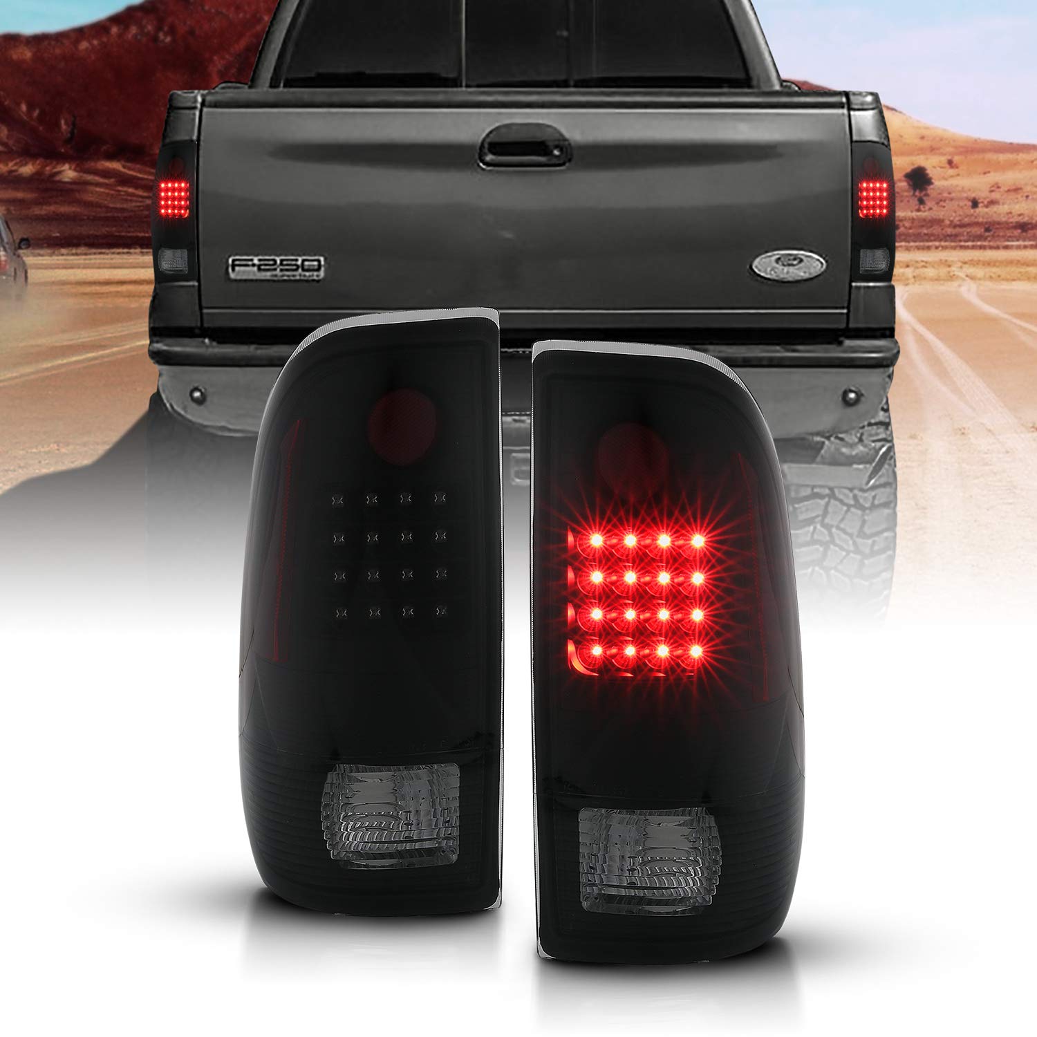 AmeriLite Dark Smoke LED Brake Turn Signal Tail Lights Pair for 1997-2003 Ford F150 & 1999-2007 F250 F350 - Driver & Passenger Side Set - Upgrade Truck Lighting for Night Driving & Enhanced Safety