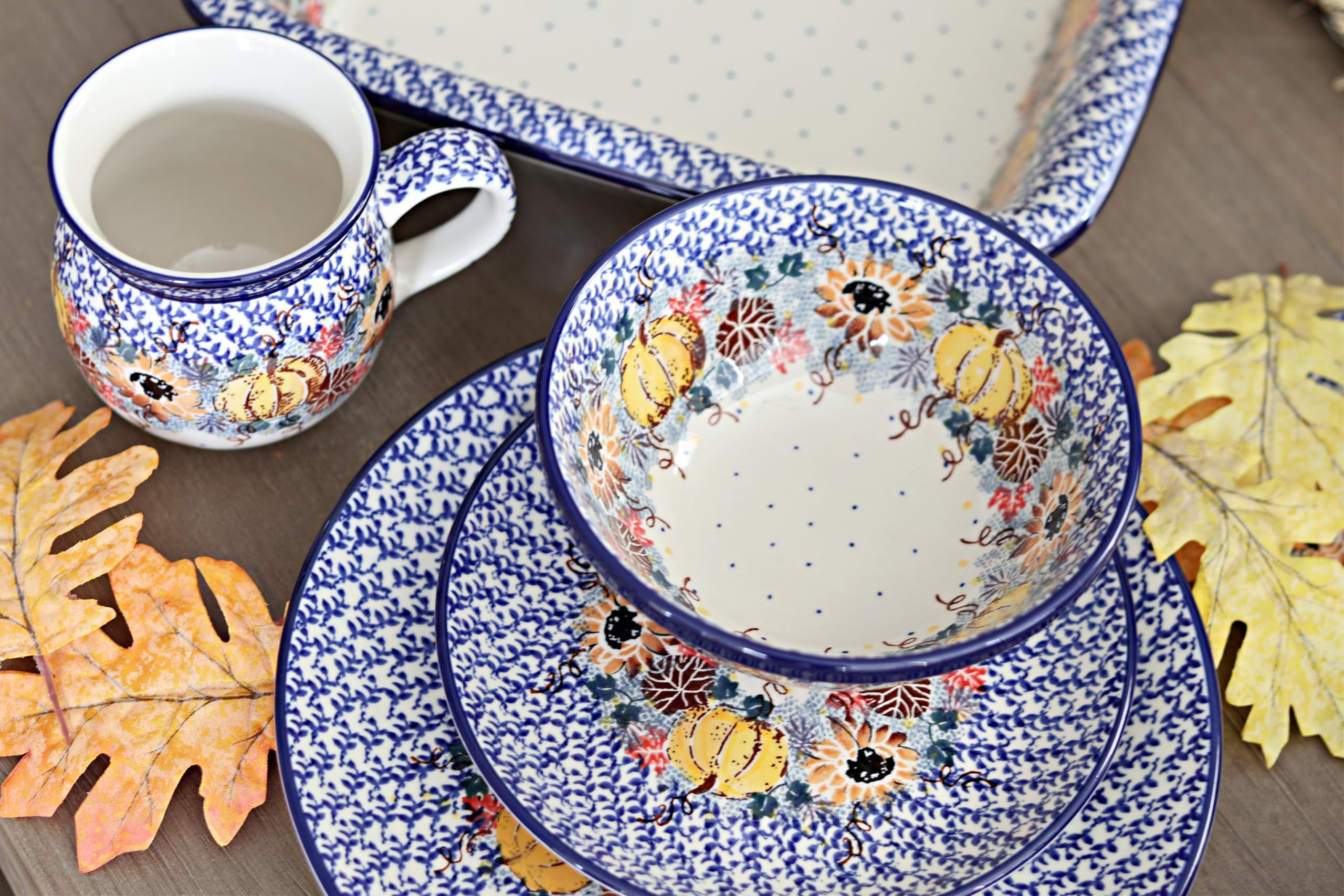 Handmade Blue Rose Polish Pottery Bowl - Ceramic Soup & Cereal Bowl for Breakfast, Dining & Decor - Harvest Bounty Design - Perfect for Home, Kitchen & Gift Giving