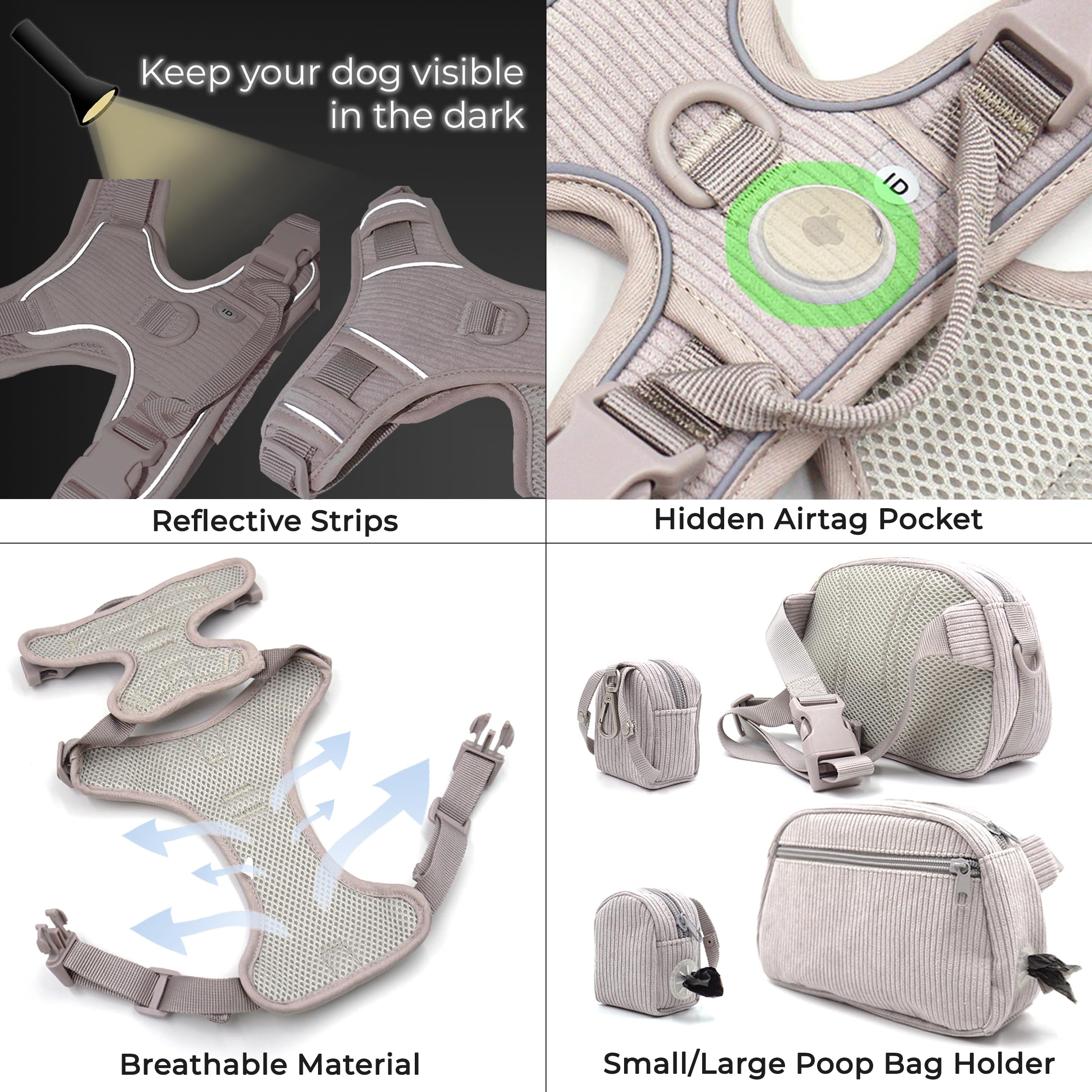 Custom Personalized Dog Harness & Leash Set with Name - Reflective No-Pull Adjustable Harness with Poop Bag Holder - Beige Gray Small Pink - Perfect for Walking, Training & Outdoor Adventures