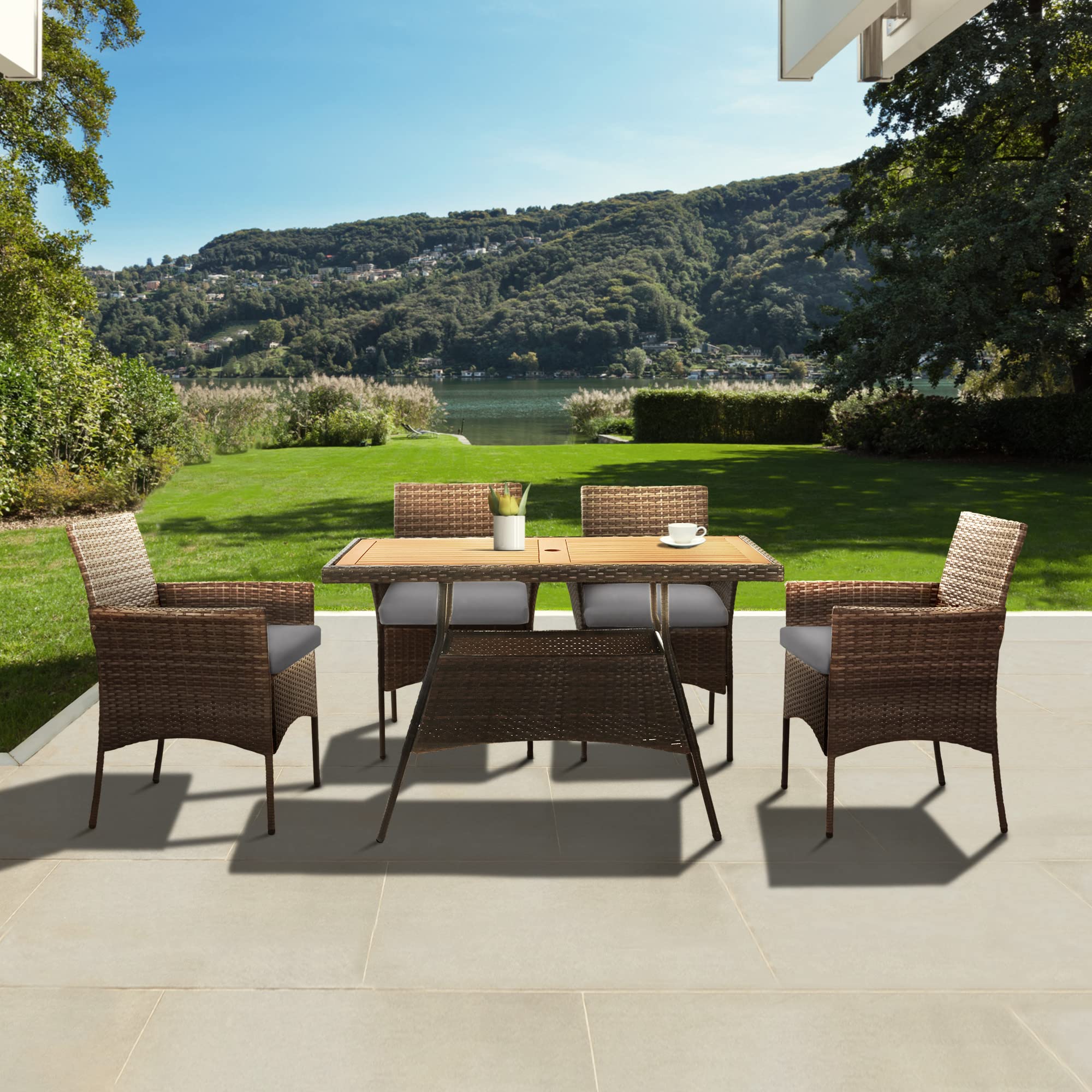Teamson Home Outdoor PE Rattan 4-Piece Dining Set with Removable Water-Resistant Cushions & Acadia Wood-Slated Table Top - Perfect for Patios, Decks, Gardens, Poolside & Sunrooms (Brown/Gray) - Ideal for Outdoor Entertaining, Family Gatherings & Relaxing in Your Backyard