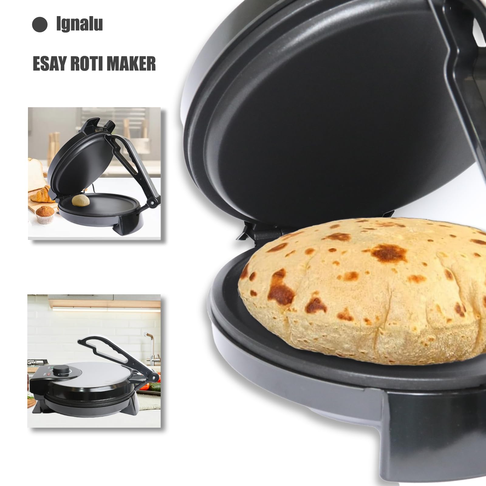 Electric Roti Maker Machine - 10 Inch Non-Stick Tortilla Press with Adjustable Temperature & Removable Handle - Perfect for Making Roti, Chapati, Tortillas at Home or Restaurant