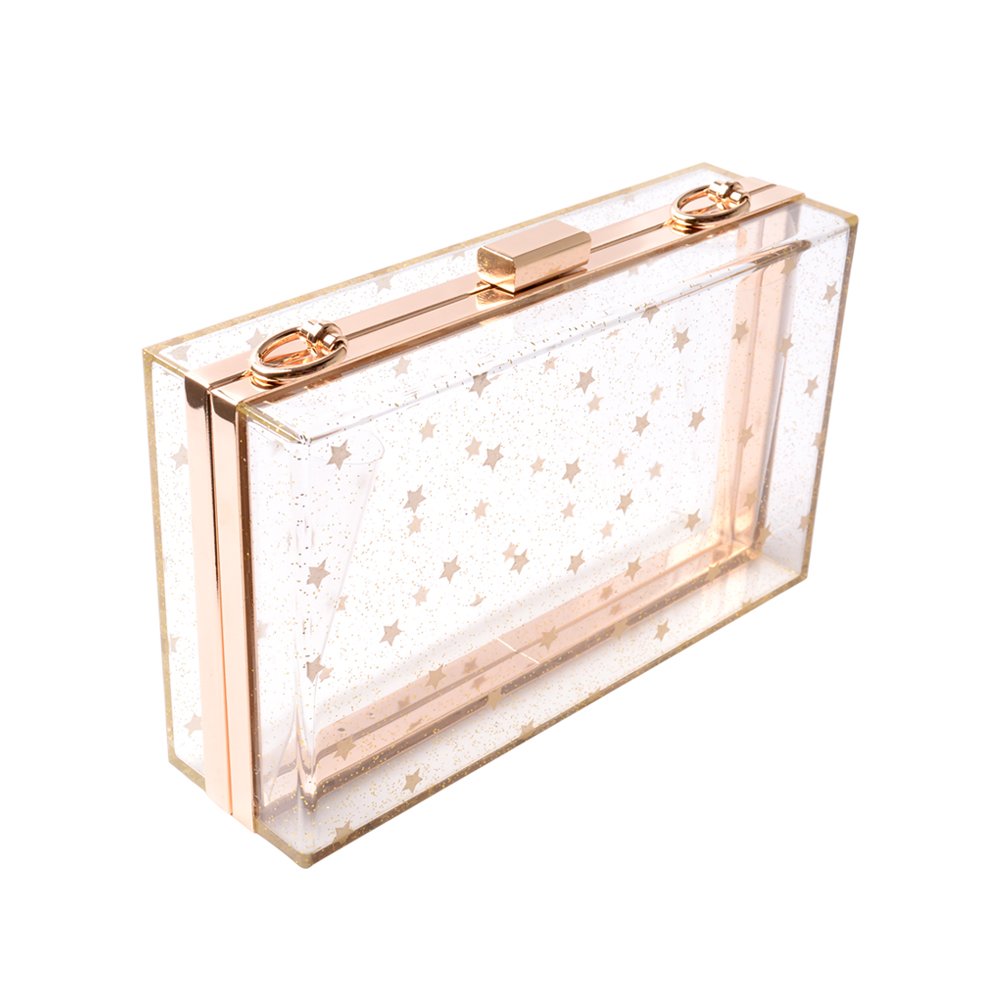 Women's Acrylic Transparent Gold Star Evening Clutch Purse - Vintage Banquet Handbag for Parties, Weddings & Formal Events (Clear)