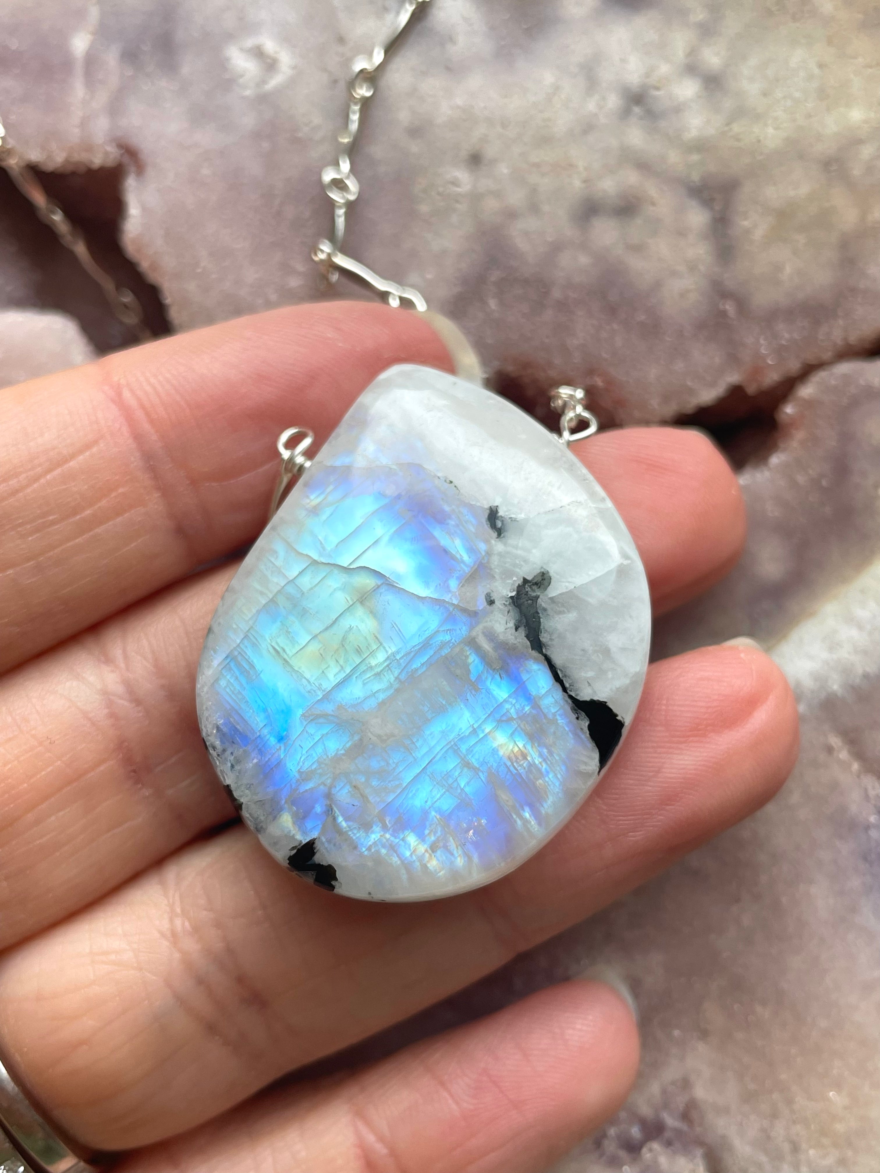 Large Moonstone Pendant Necklace Sterling Silver 925 - Elegant Boho Jewelry for Women, Perfect for Weddings, Parties & Everyday Wear