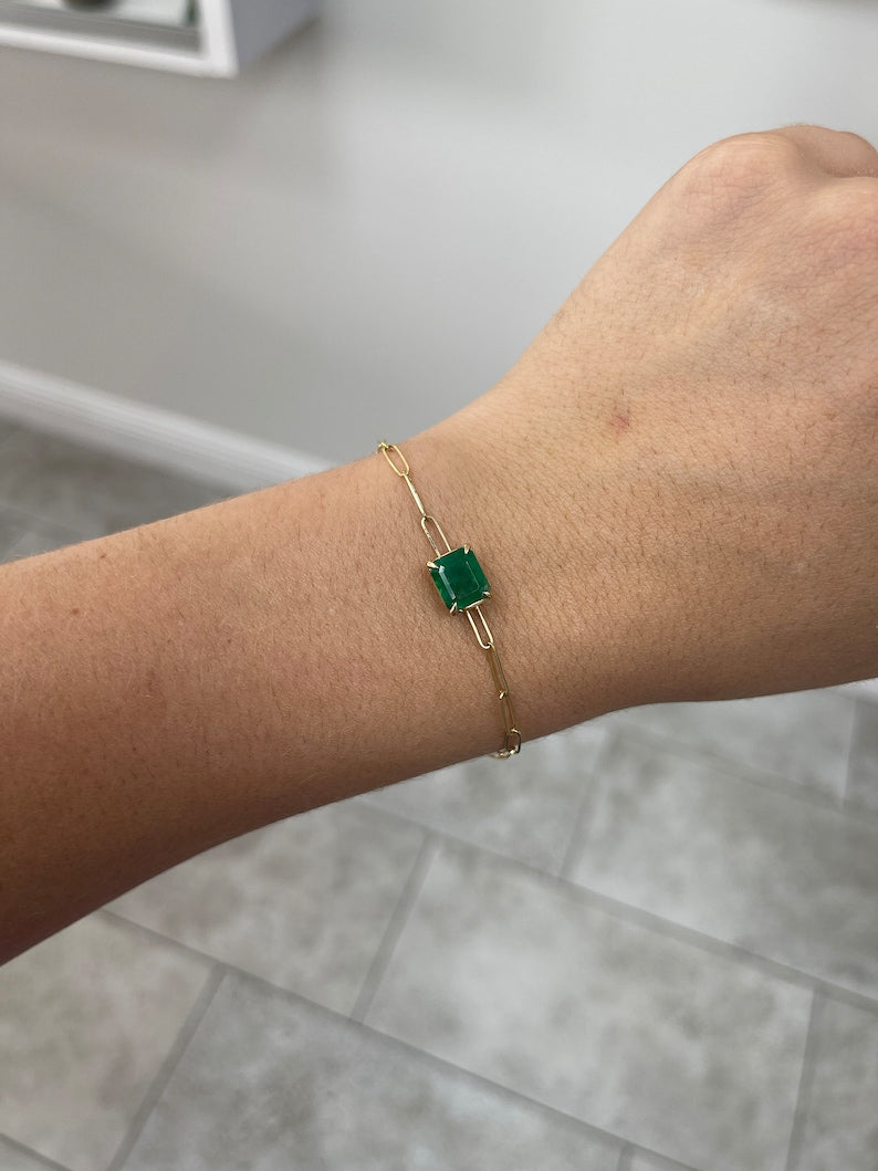 2.68ct 14K Natural Emerald Cut Solitaire Paperclip Bracelet - Lush Dark Green Gemstone, 4 Claw Prong East-West Setting | Elegant Jewelry Gift for Women, Perfect for Weddings, Anniversaries & Special Occasions