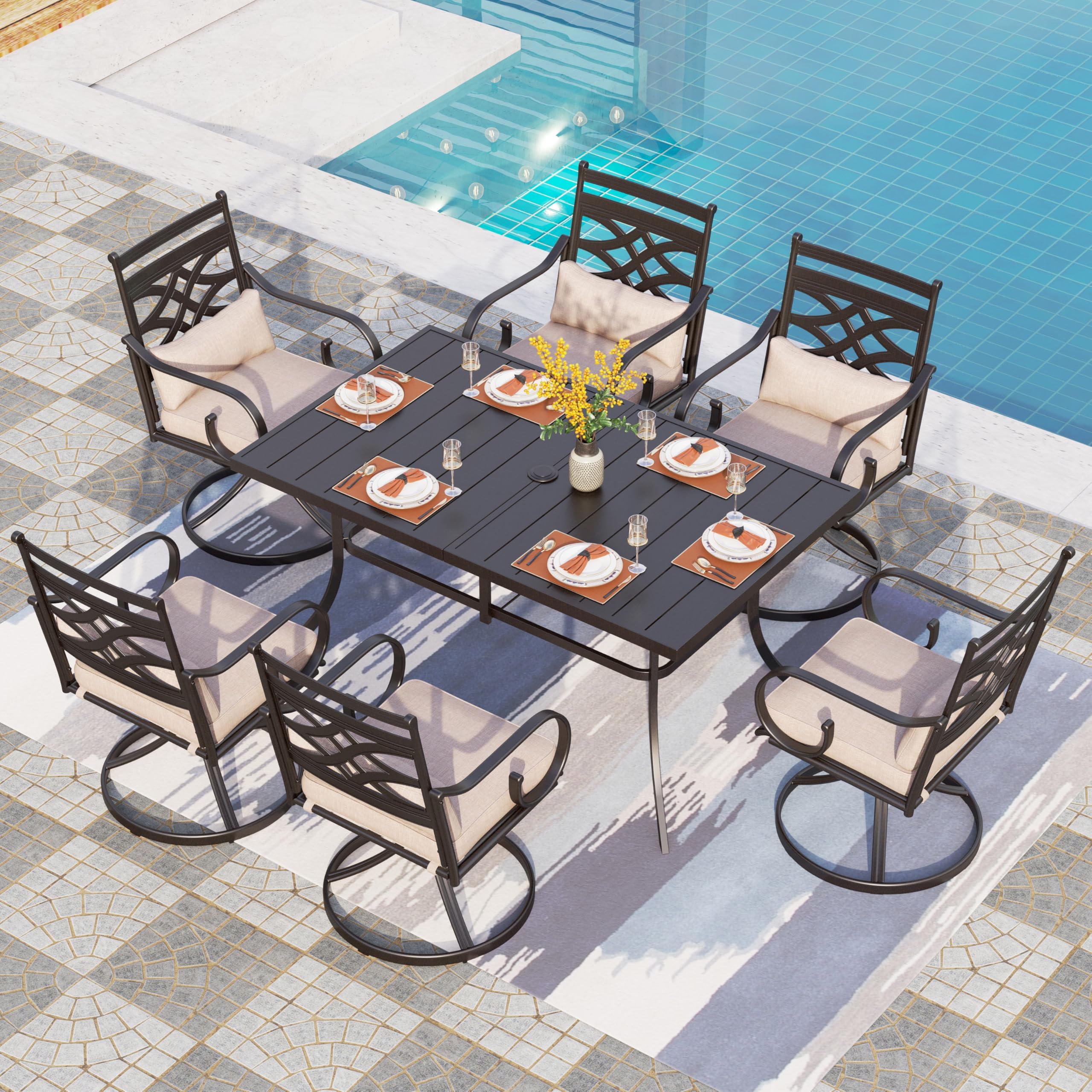 PHI VILLA 7-Piece Outdoor Patio Dining Set with Swivel Chairs - 6-Person Rectangular Steel Table Set with Cushions & Pillows for Garden, Lawn, Deck & Backyard Entertaining