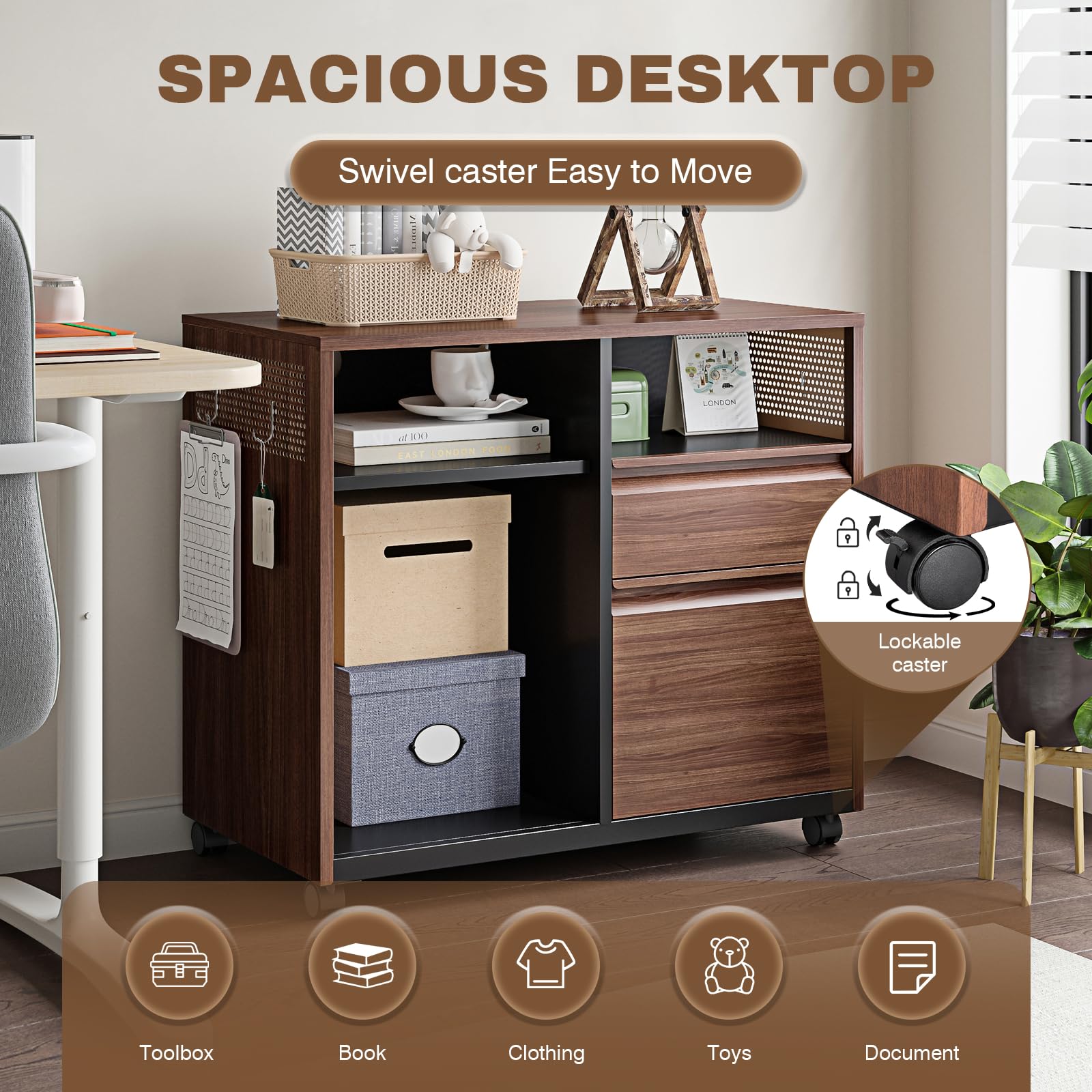 2-Drawer Mobile Lateral Filing Cabinet with Wheels - Rolling Under Desk Metal Storage & Printer Stand for Home Office - Retro Brown - Ideal for Organizing Documents & Office Supplies in Small Spaces