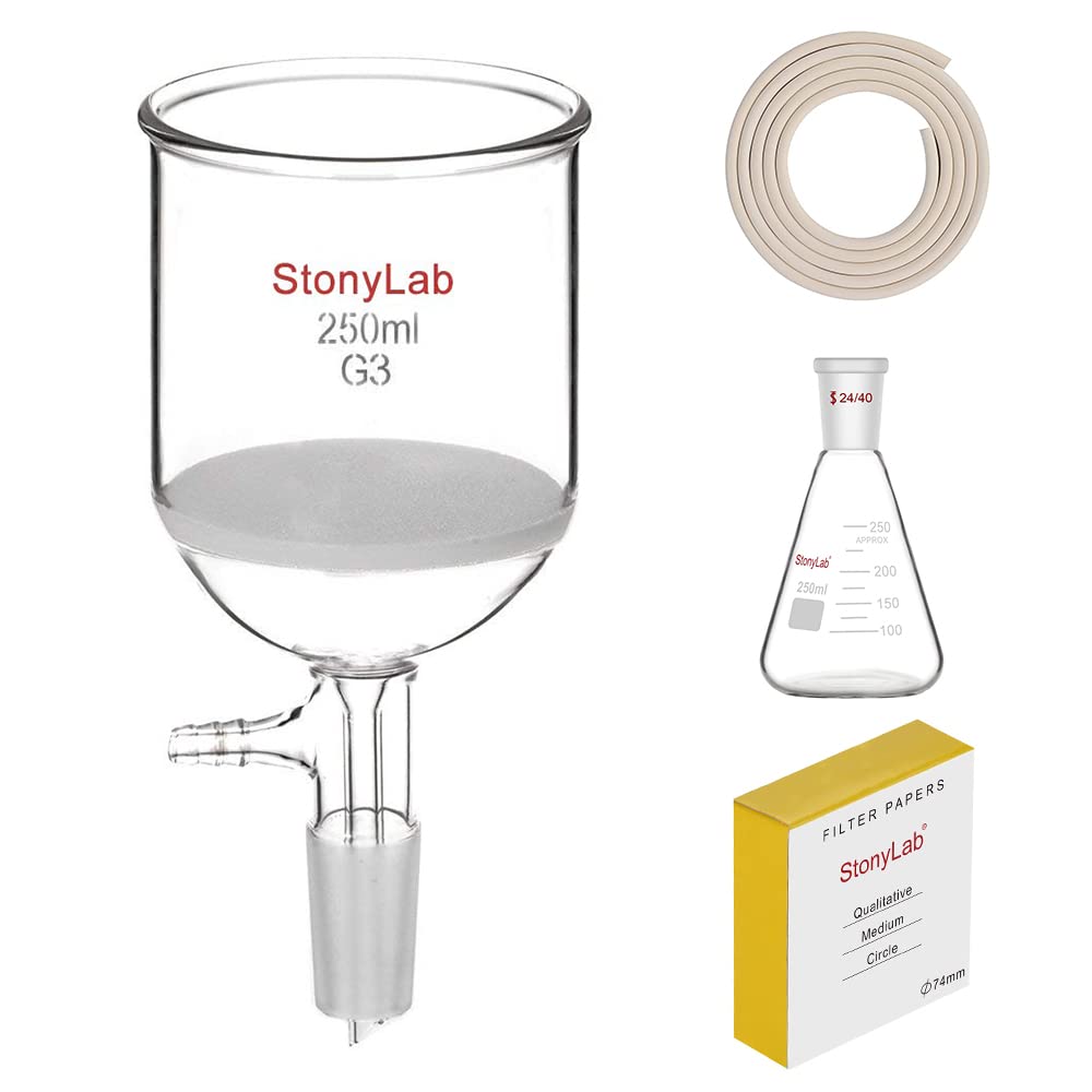 Stonylab 250ml Glass Buchner Funnel with Fine Frit, 250ml Erlenmeyer Flask, Vacuum Rubber Tubing & 100pcs Qualitative Filter Paper - Complete Filtration Kit for Chemistry Lab, Home Brewing & Science Experiments