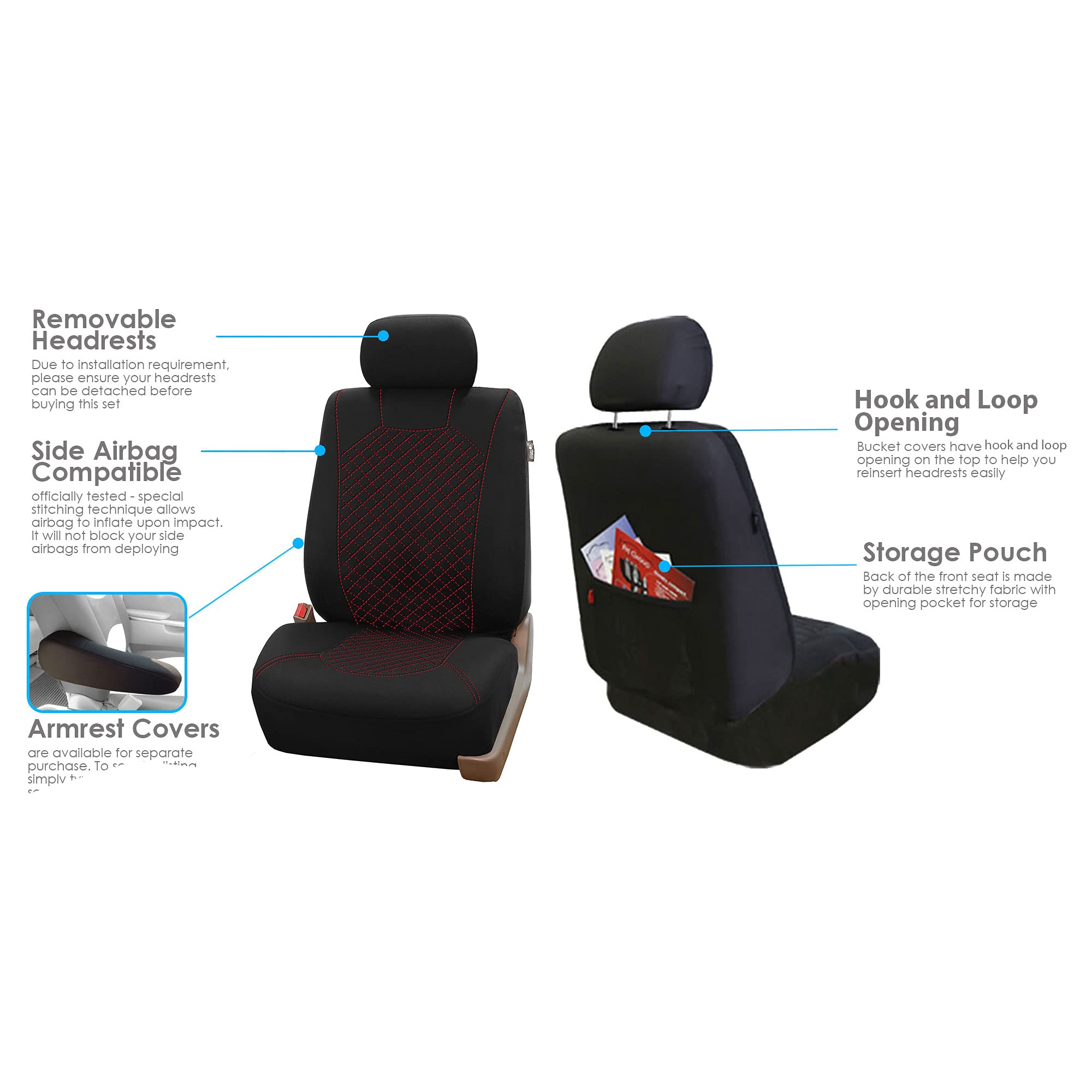 FH Group Quilted Flat Diamond Pattern Red & Black Cloth Car Seat Covers - Airbag Compatible, Universal Fit for Cars, Trucks & SUVs | Front Seat Only | Small Car Design | Perfect for Daily Commute & Road Trips