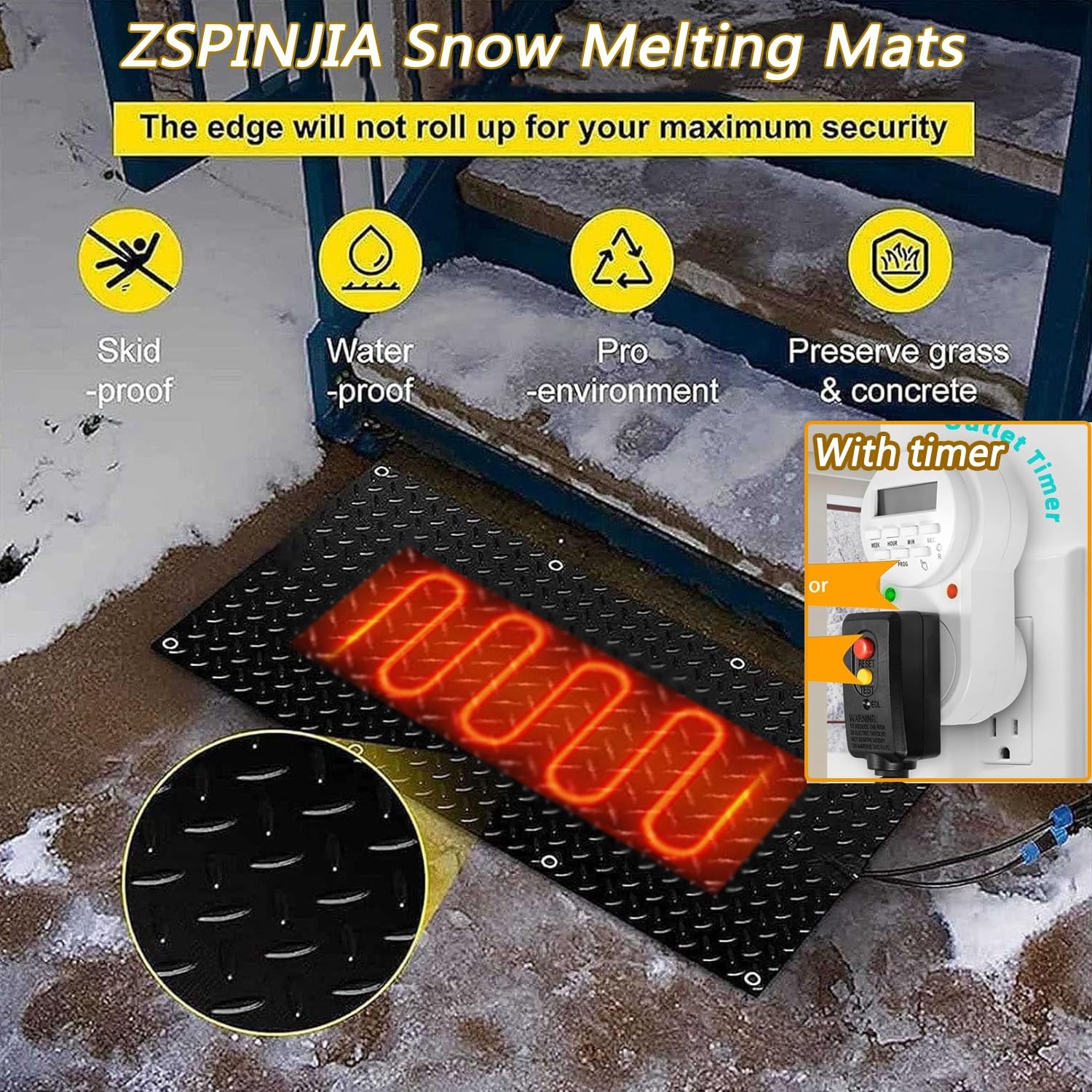 Heated Snow Melting Mat with Timer - Non-Slip Outdoor Stair Mats for Winter - 10x30in (25.4x76.2cm) - Set of 3 - Perfect for Stairs, Steps, Doorways, Walkways & Driveways - Keep Your Home Safe & Ice-Free This Winter