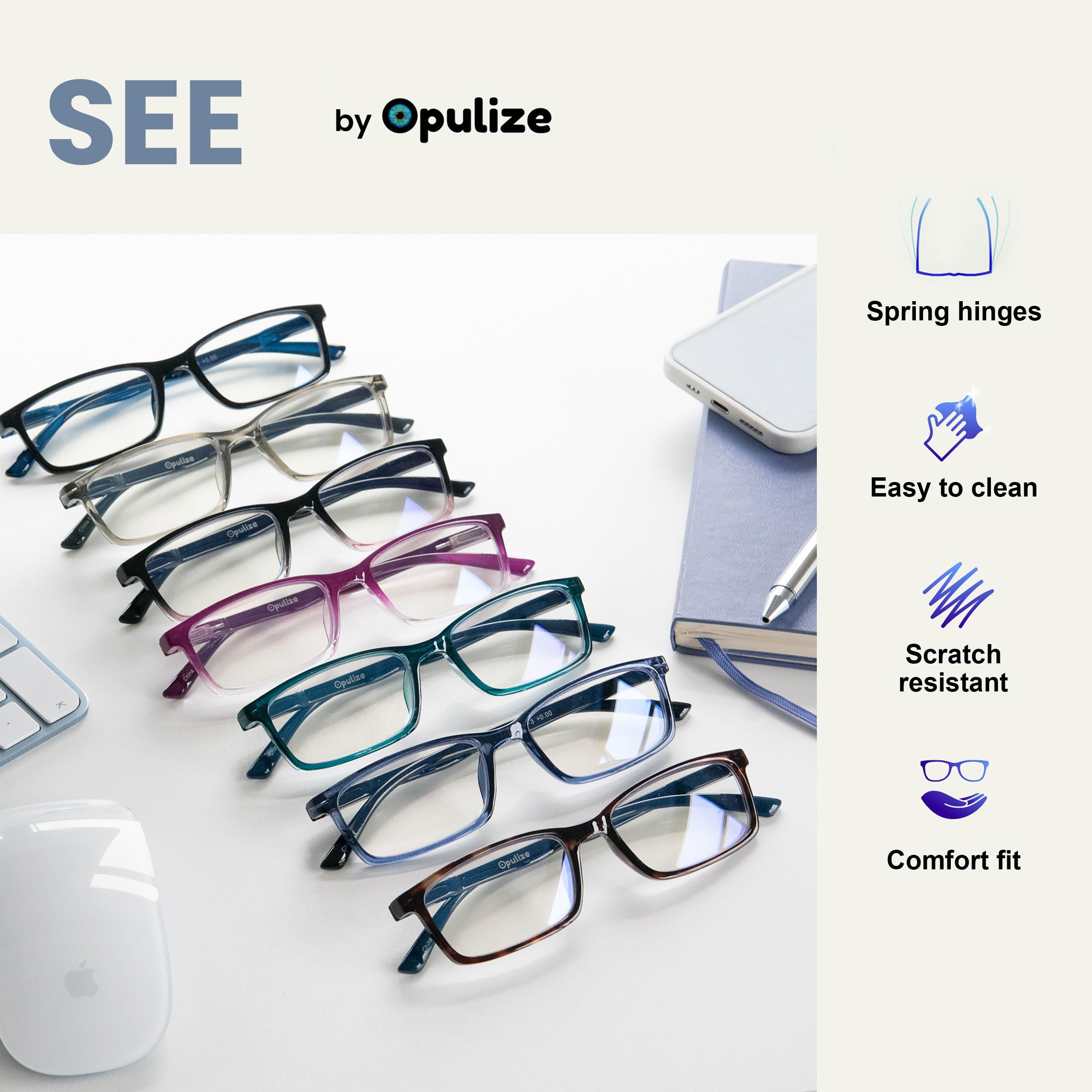 Blue Light Blocking Reading Glasses - OPULIZE Narrow Frame Spring Hinge Computer Glasses for Men & Women | Reduce Eye Strain, Improve Sleep - Perfect for Gaming, Office Work & Screen Time