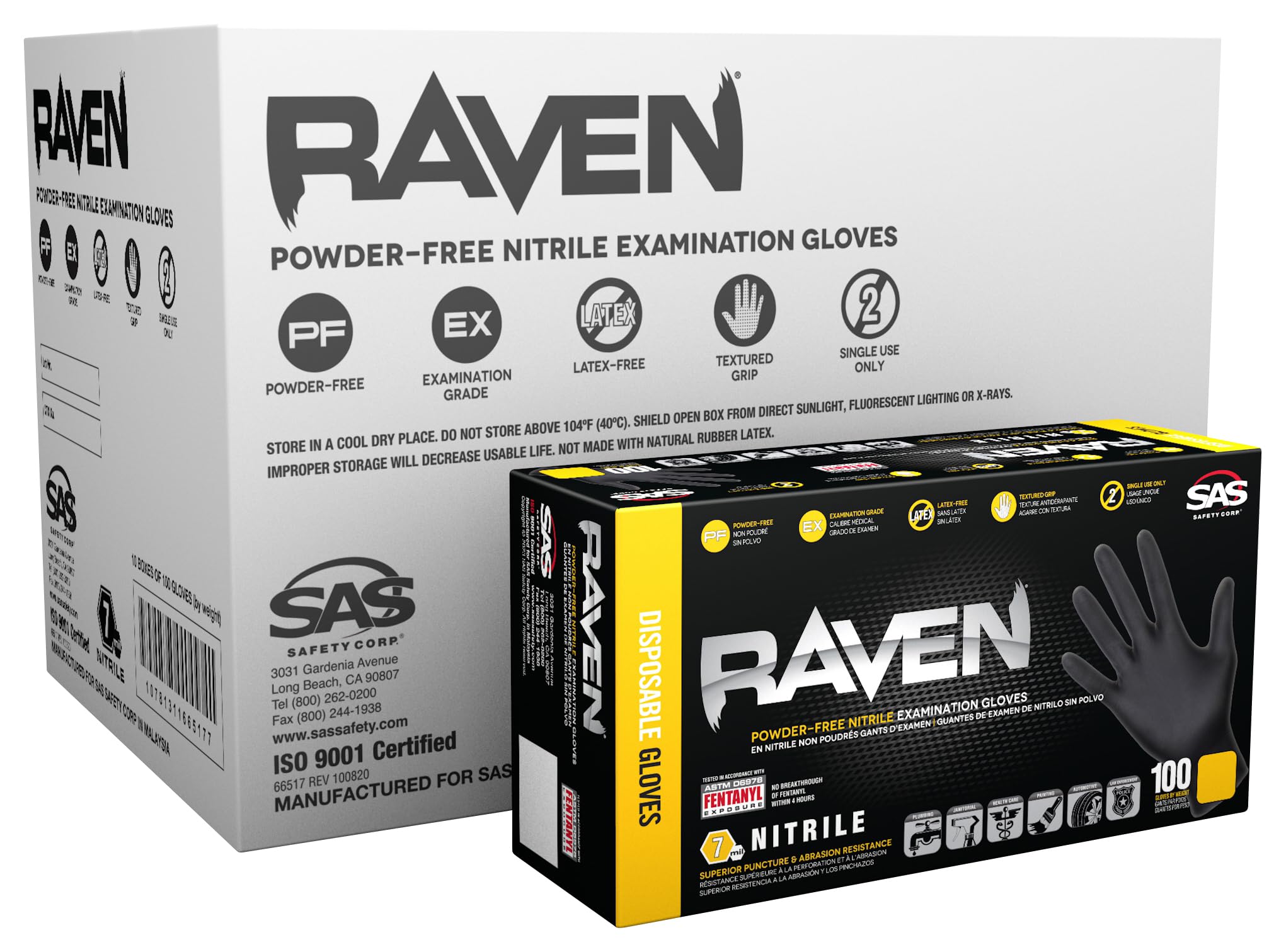 10 Pack SAS Safety 66519 Raven 6 mil Black Nitrile Disposable Gloves - X-Large (100 Gloves per Box) | Heavy-Duty Chemical Resistant Gloves for Medical, Laboratory, Tattoo & Automotive Work